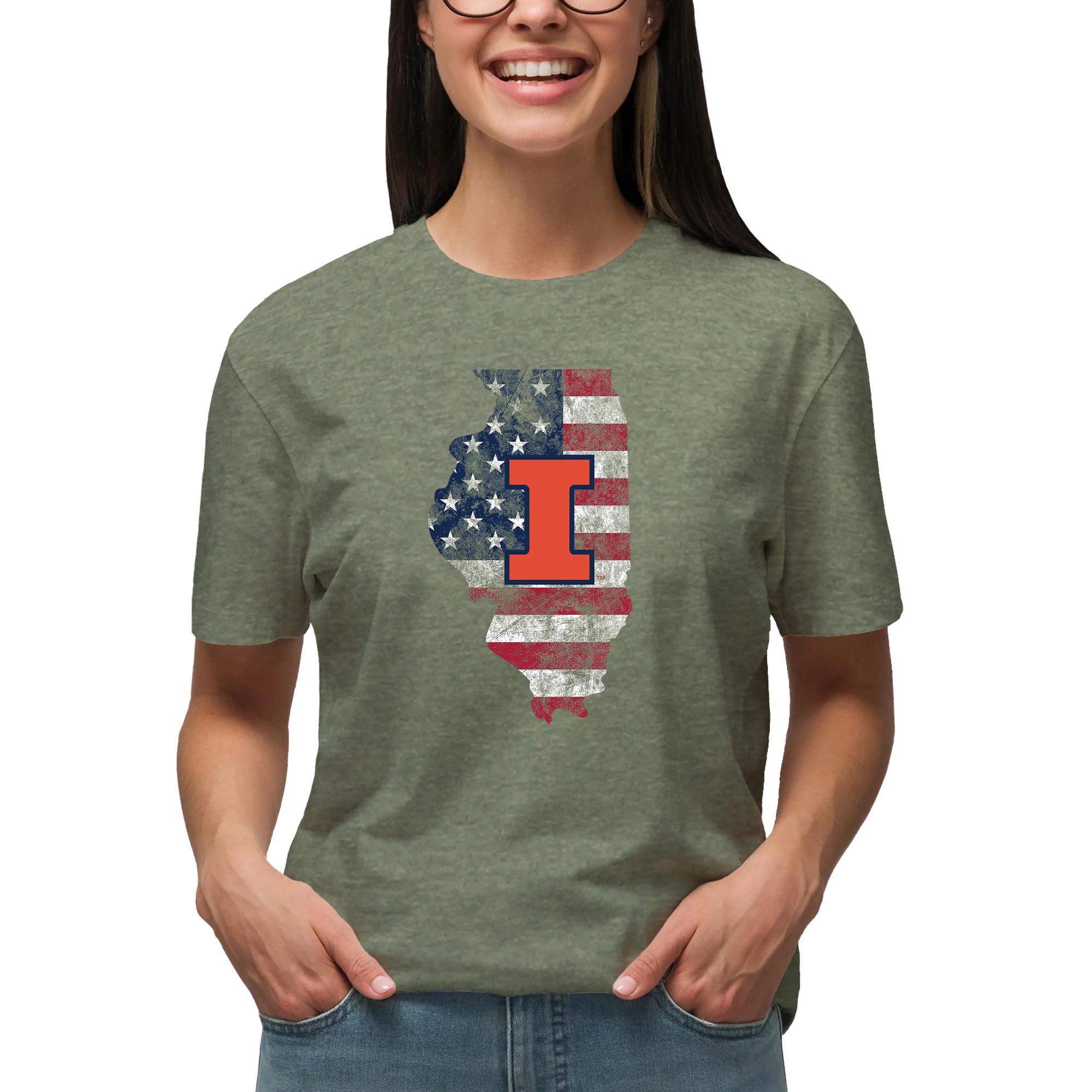 Illinois Patriotic State Silhouette T-Shirt - Heather Military - Image 4