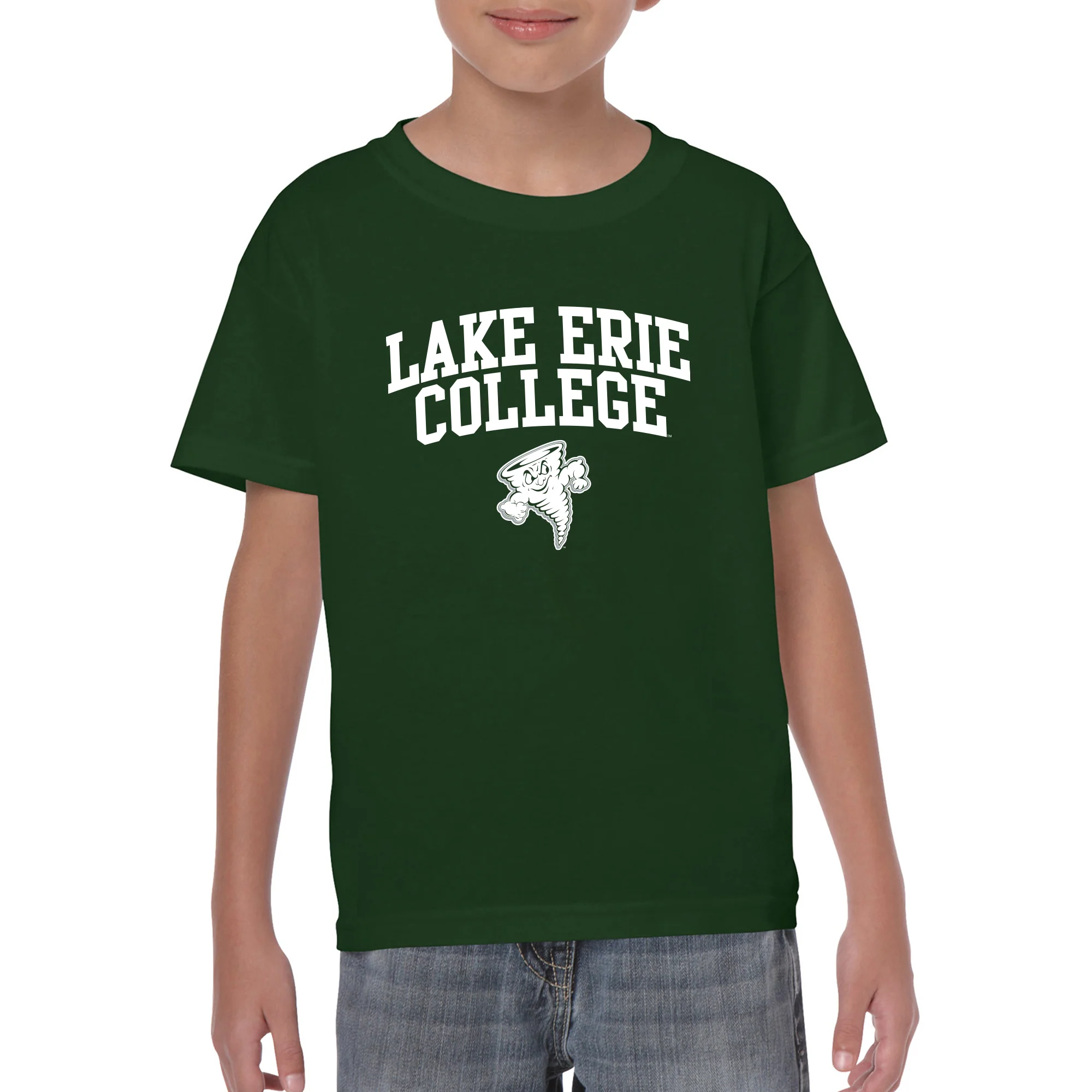 Lake Erie College Storm Arch Logo Youth T Shirt - Forest - Image 3