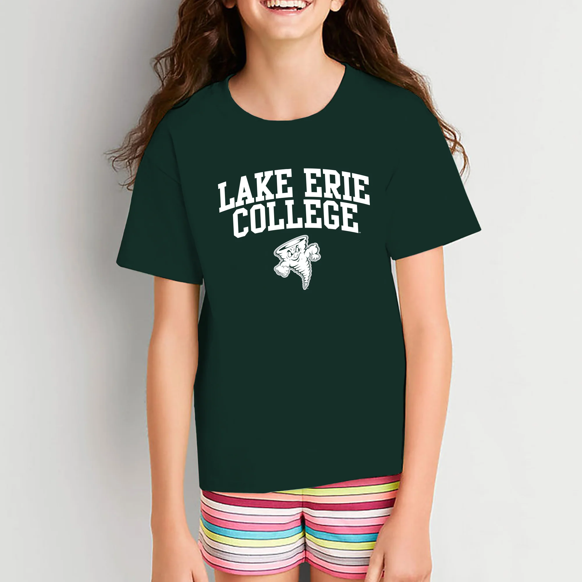 Lake Erie College Storm Arch Logo Youth T Shirt - Forest - Image 4