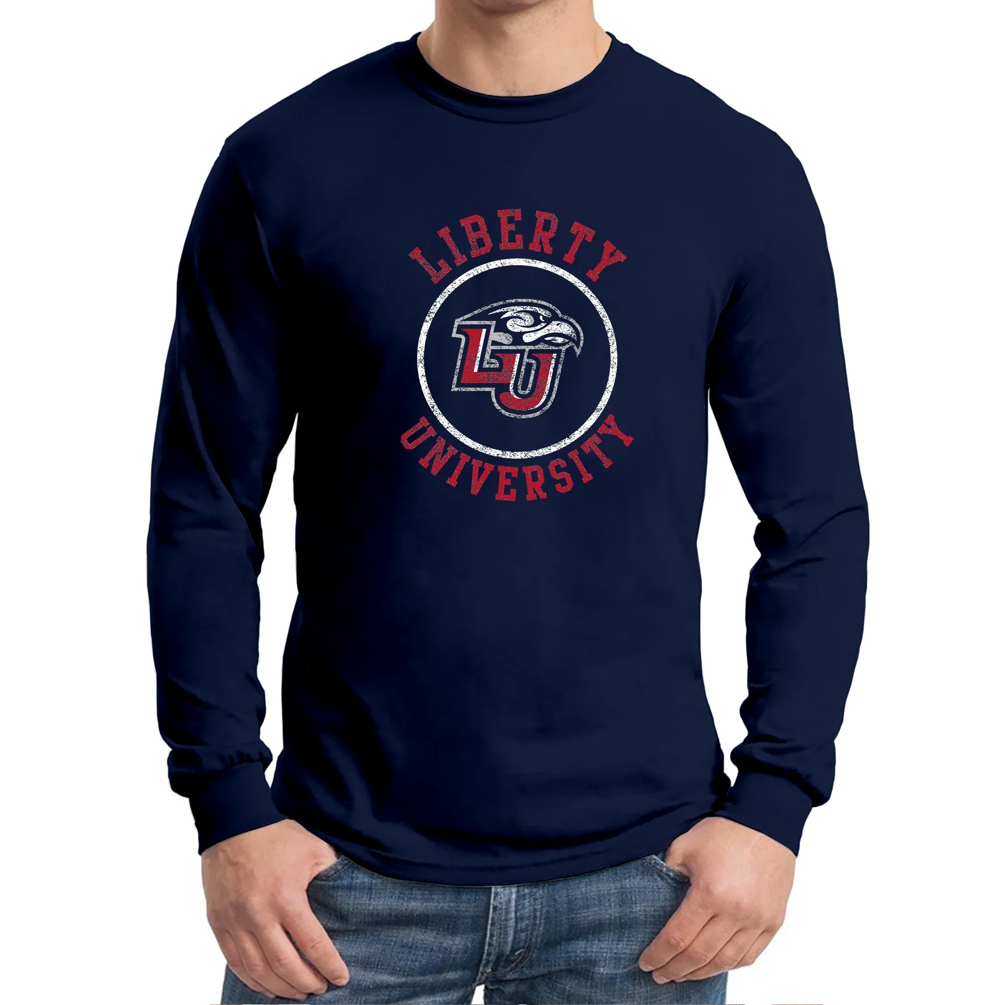 Liberty University Flames Distressed Circle Logo Long Sleeve T Shirt - Navy - Image 3