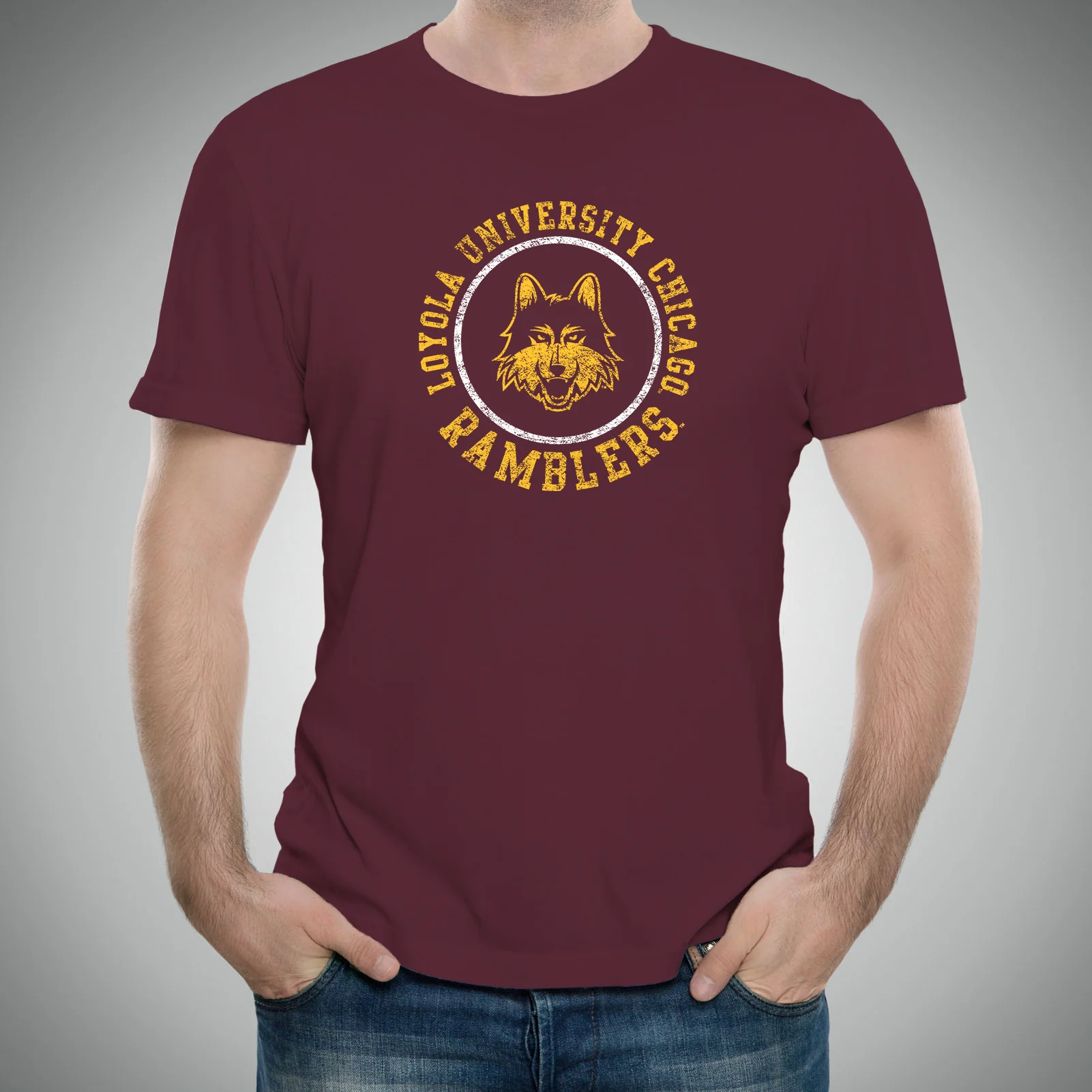 Loyola University Chicago Ramblers Distressed Circle Logo Short Sleeve T Shirt - Maroon - Image 3
