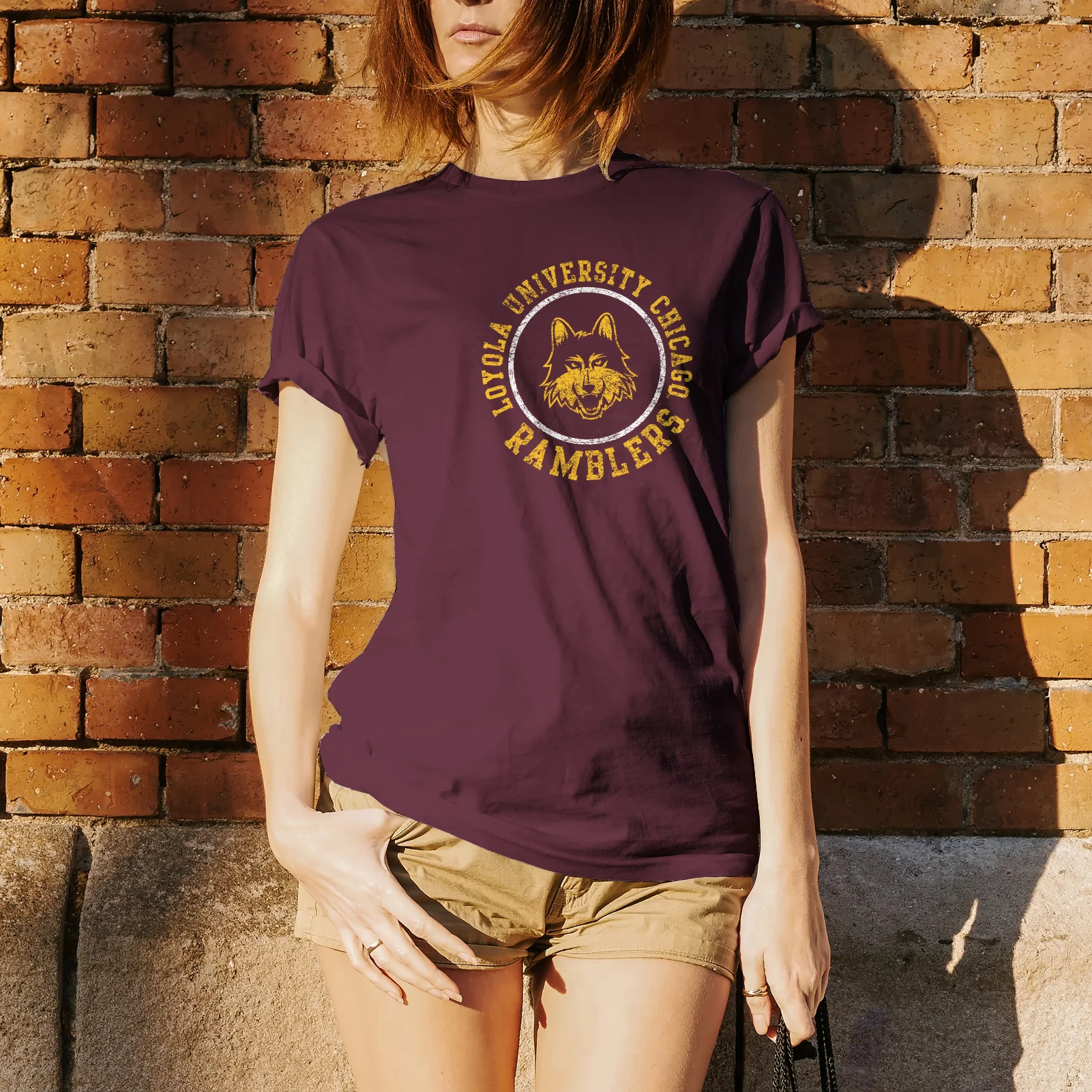 Loyola University Chicago Ramblers Distressed Circle Logo Short Sleeve T Shirt - Maroon - Image 4