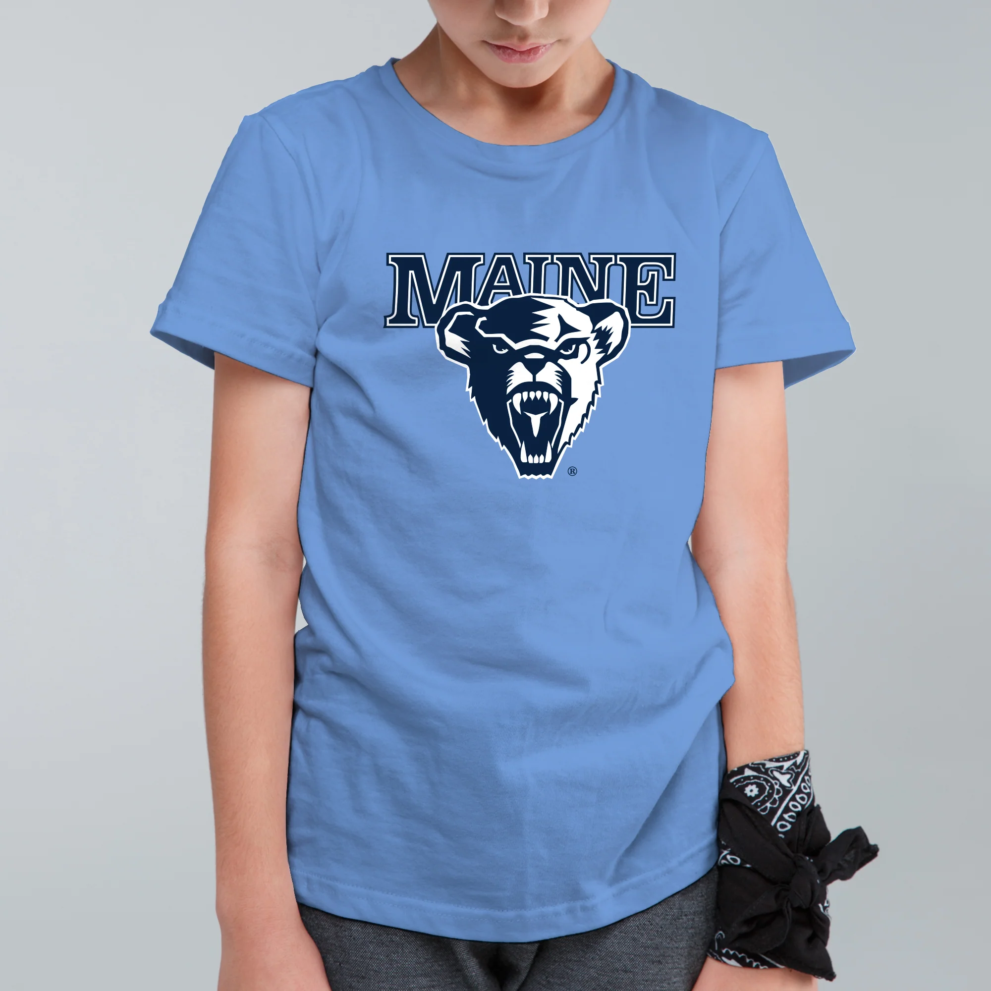 Maine Black Bears Primary Logo Youth T Shirt - Carolina Blue - Image 4