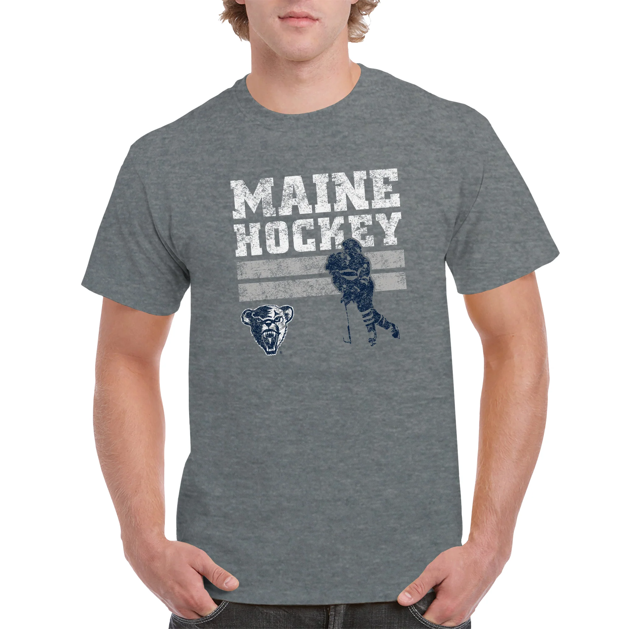 Maine Retro Ice Hockey T-Shirt - Graphite Heather - Image 3
