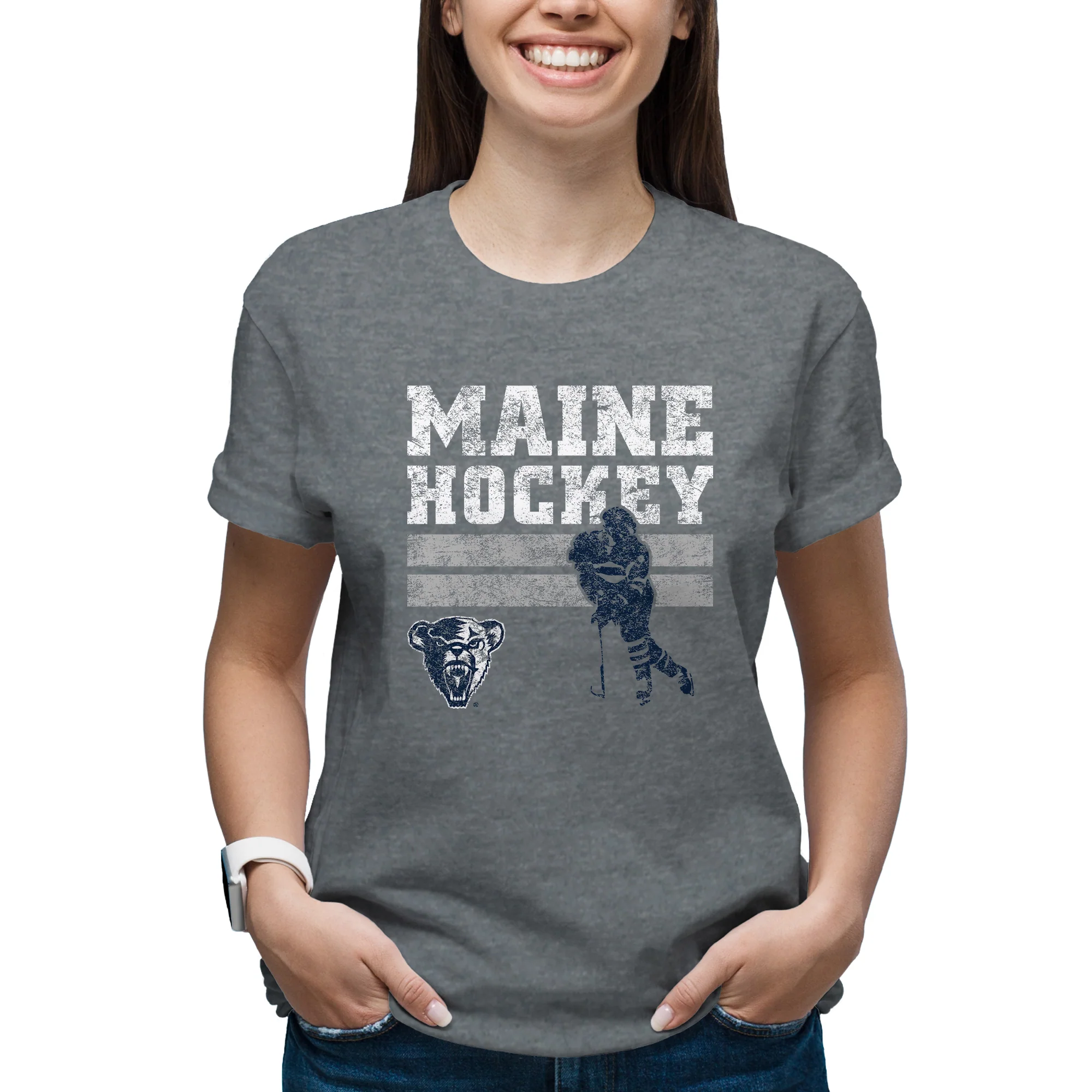Maine Retro Ice Hockey T-Shirt - Graphite Heather - Image 4