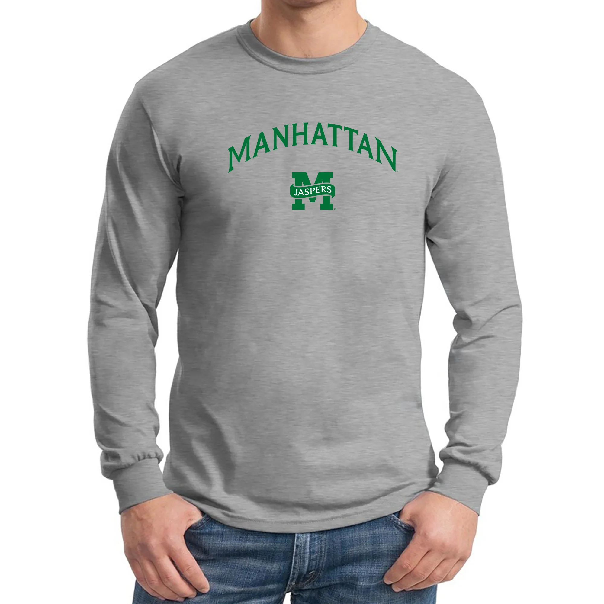 Manhattan College Jaspers Arch Logo Long Sleeve T Shirt - Sport Grey - Image 3