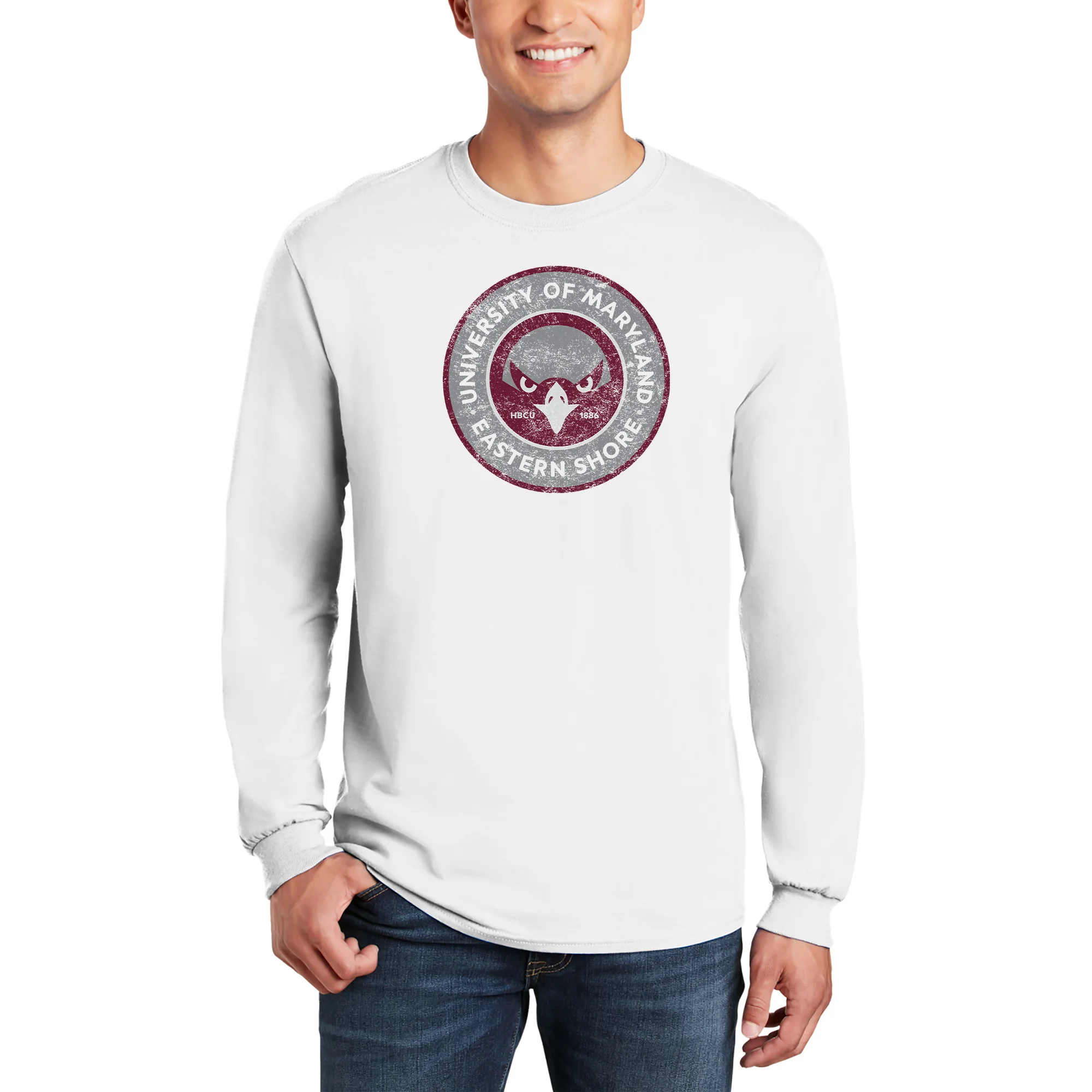 Maryland Eastern Shore Hawks Distressed Circle Logo Long Sleeve - White - Image 3