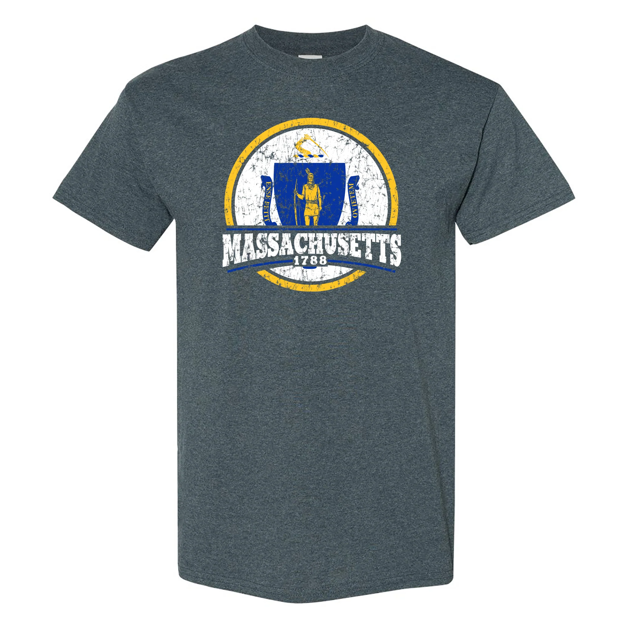 Massachusetts Distressed Circle T-Shirt - Dark Heather