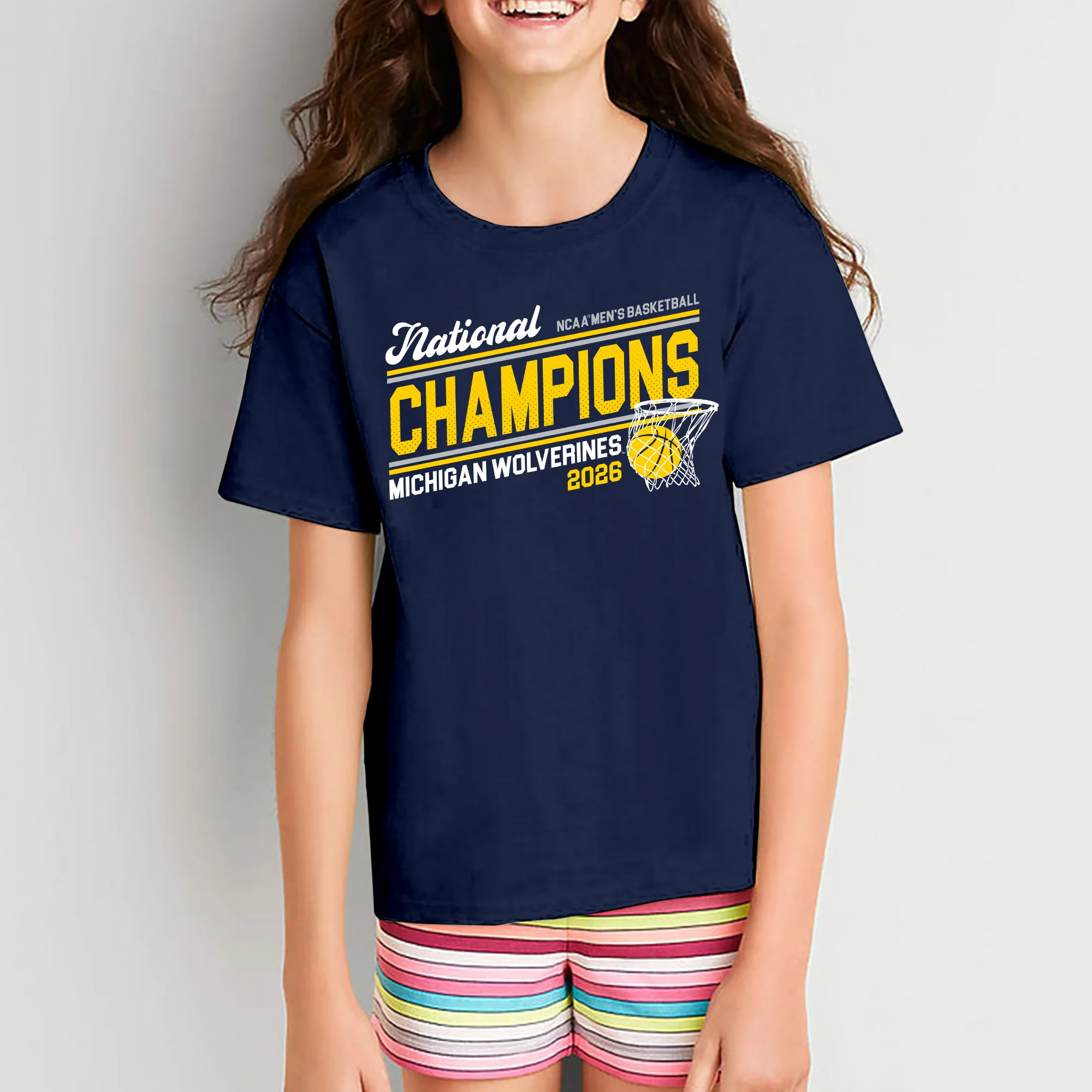 Michigan 2026 Basketball National Champions Action Play Youth T-Shirt - Navy - Image 4