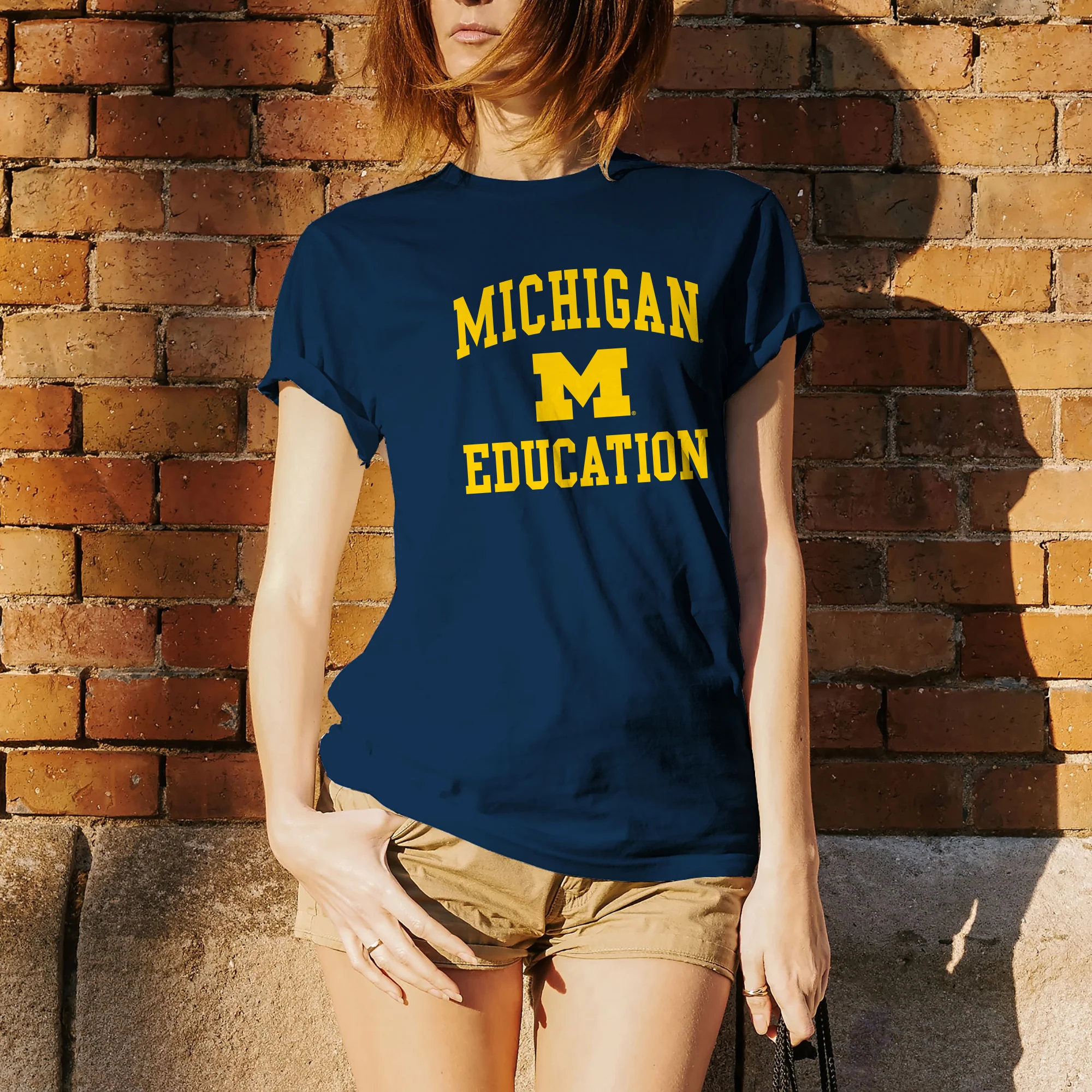Arch Logo Education University of Michigan Basic Cotton Short Sleeve T-Shirt - Navy - Image 4