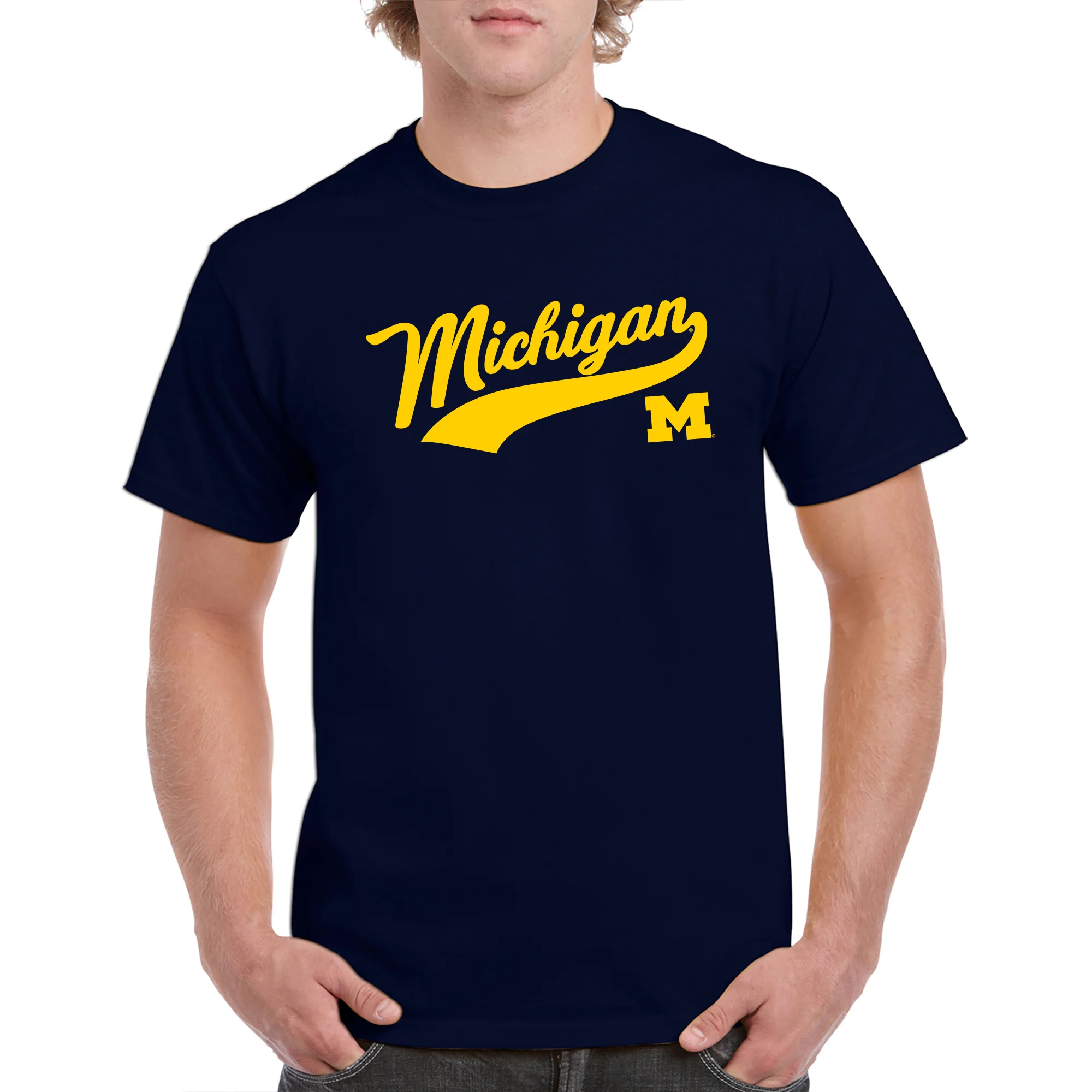 Baseball Jersey Script University of Michigan Basic Cotton Short Sleeve T-Shirt - Navy - Image 3