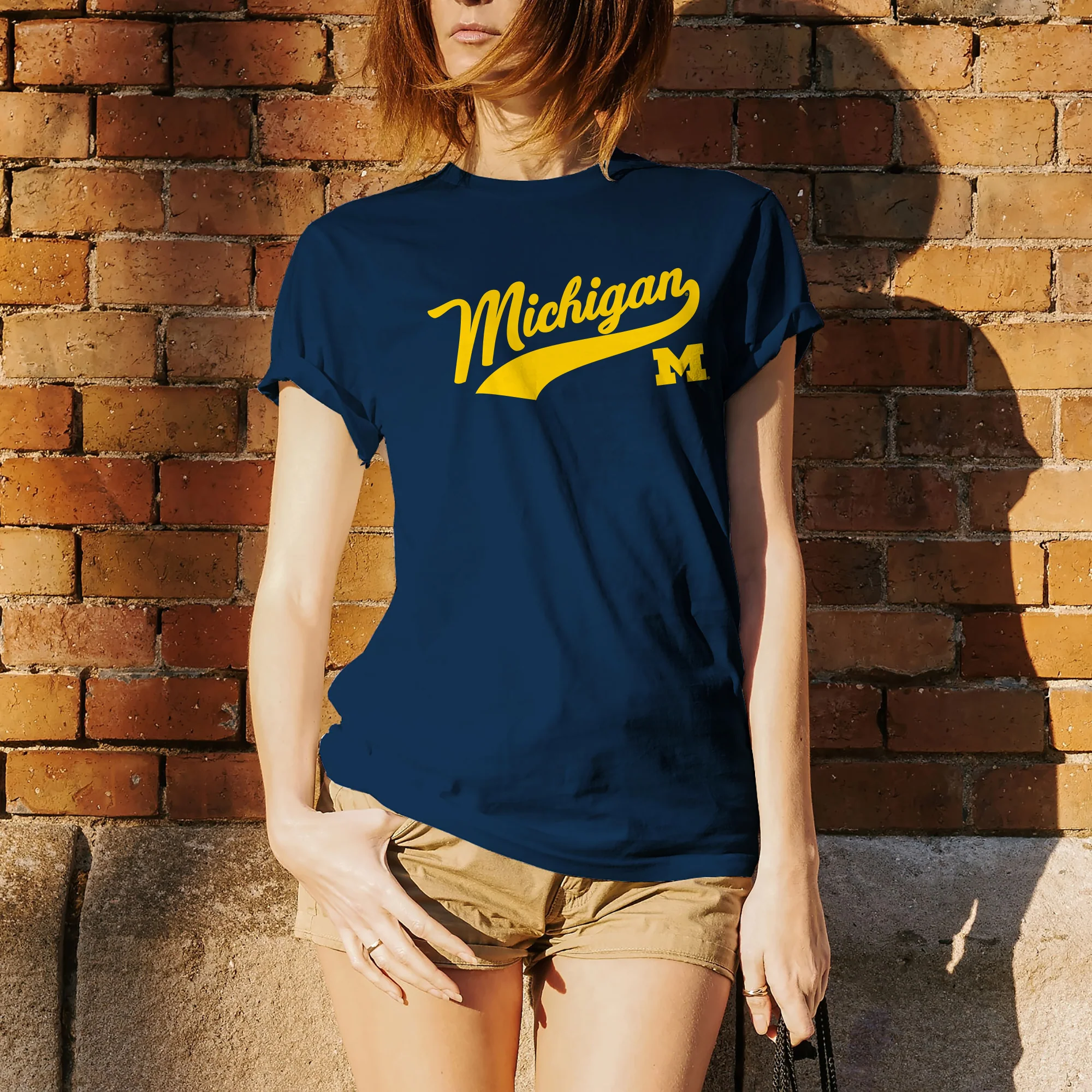Baseball Jersey Script University of Michigan Basic Cotton Short Sleeve T-Shirt - Navy - Image 4