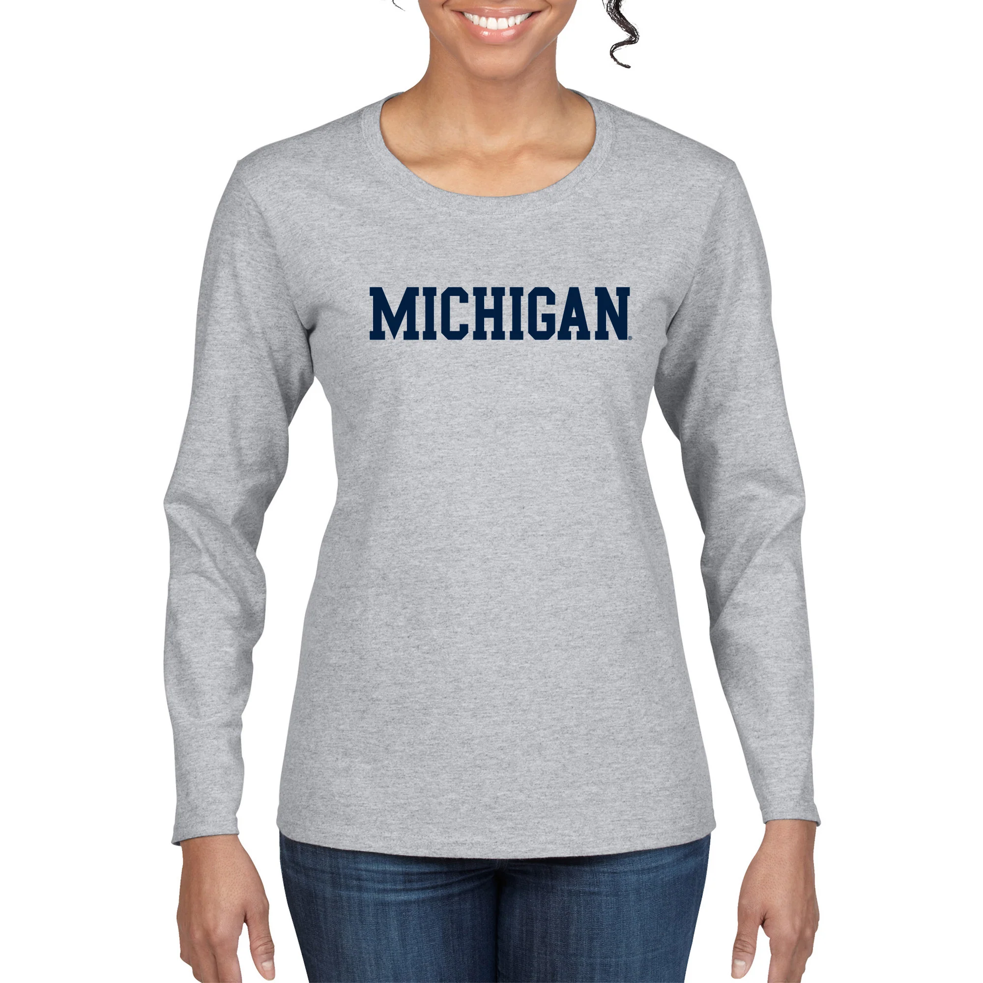 Basic Block University of Michigan Womens Basic Cotton Long Sleeve T Shirt - Sport Grey - Image 4