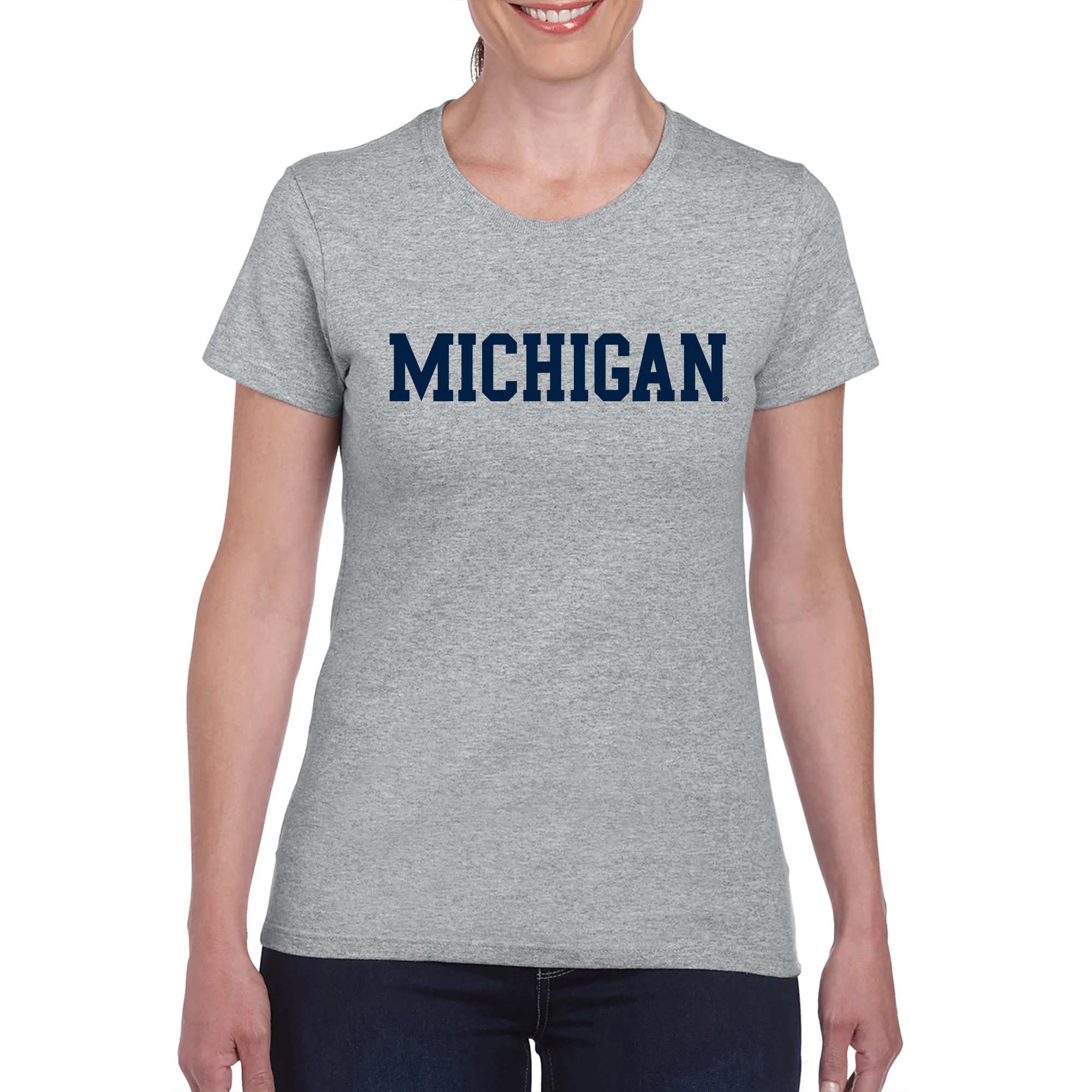 Basic Block University of Michigan Womens Basic Cotton Short Sleeve T Shirt - Sport Grey - Image 3