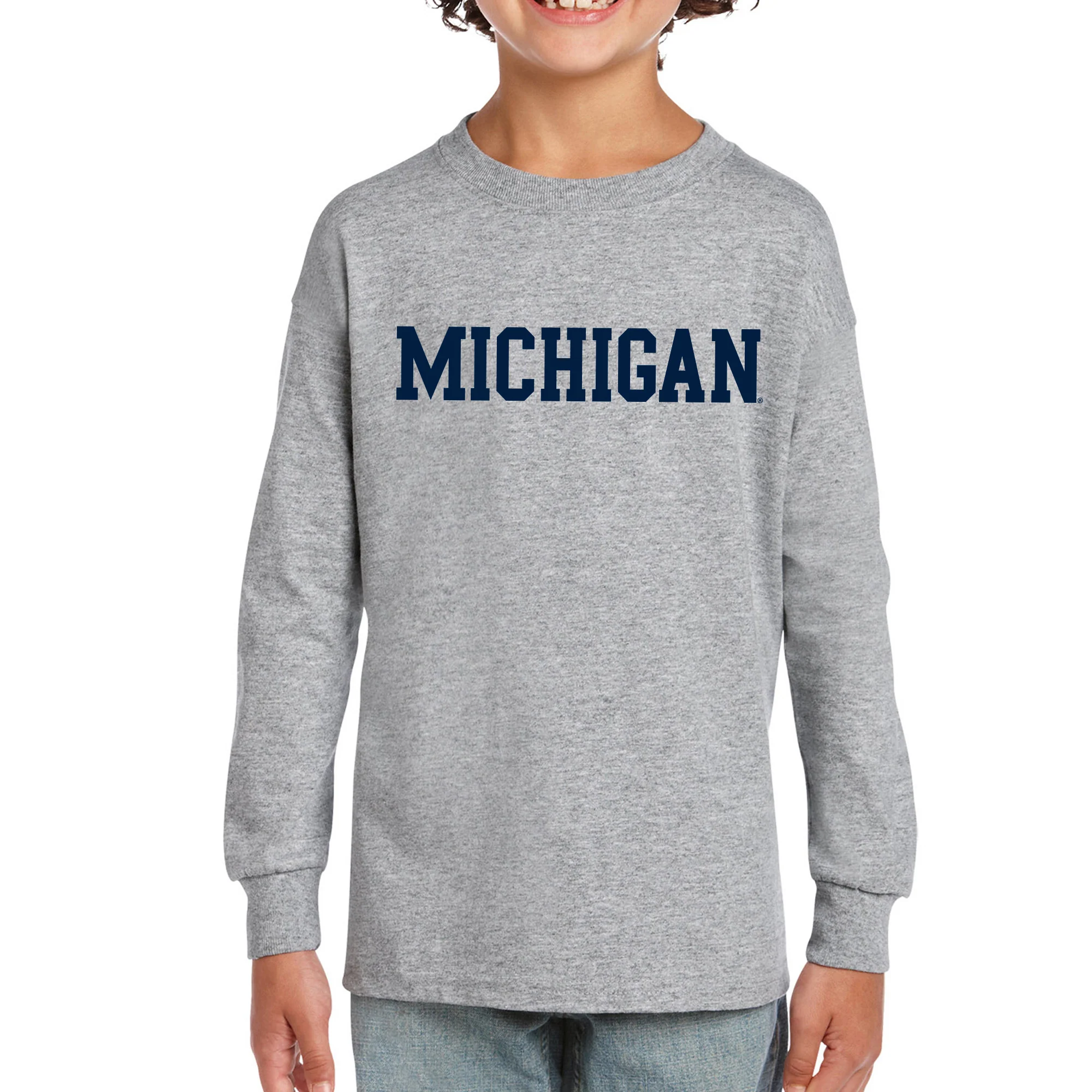 Basic Block University of Michigan Youth Basic Cotton Long Sleeve T Shirt - Sport Grey - Image 4