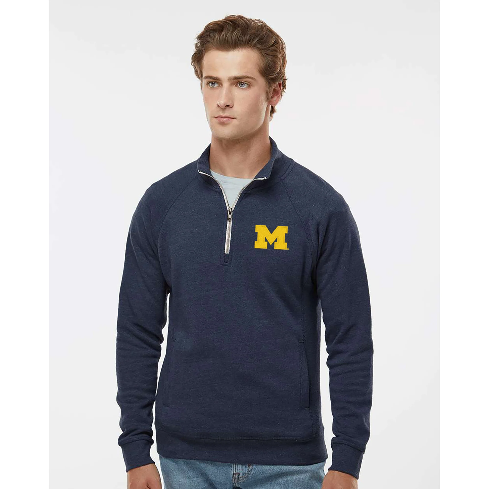 Michigan Block M EMB JA Triblend 1/4-Zip Sweatshirt - True Navy Triblend - Image 3