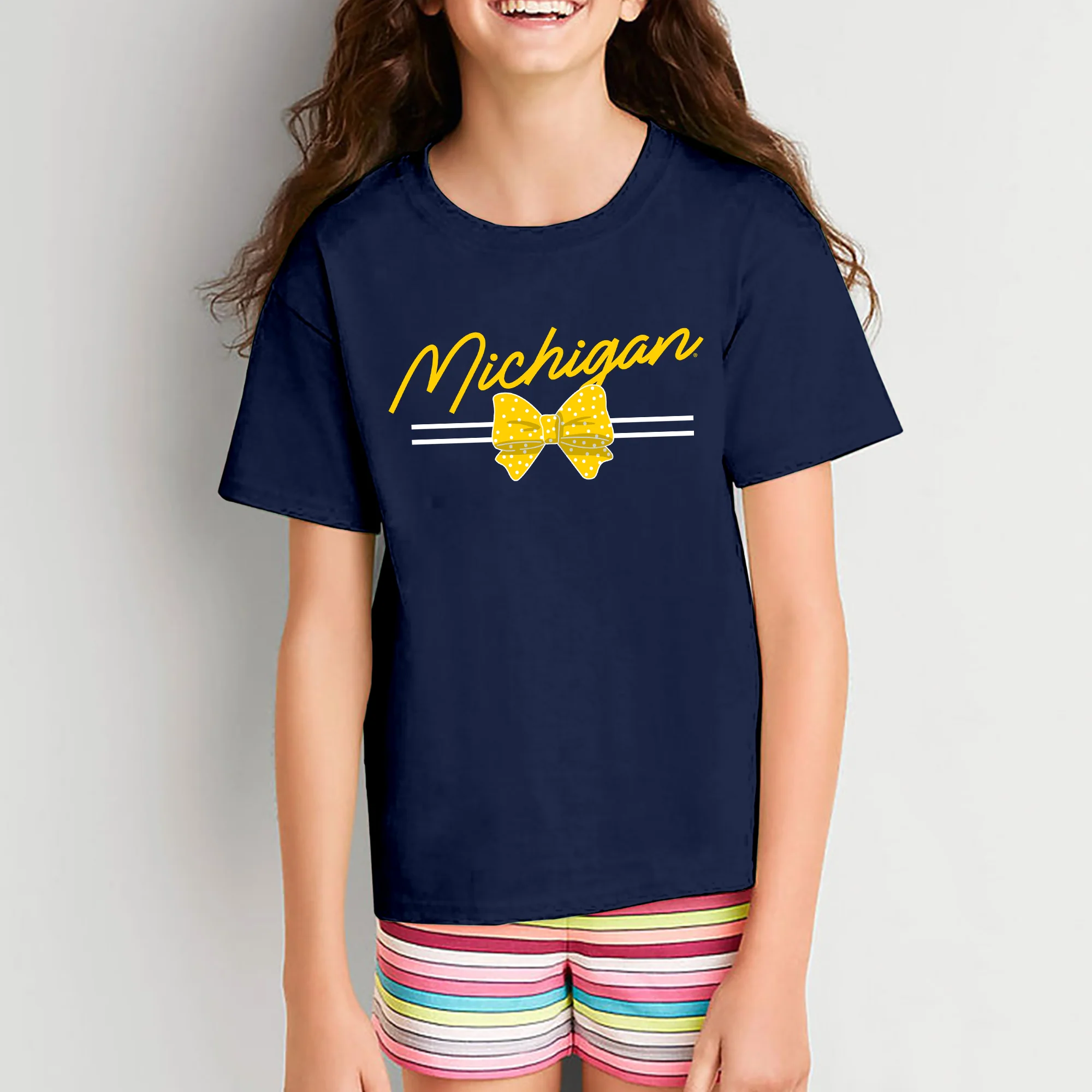 Michigan Bow Script Youth T-Shirt - Navy - Image 3