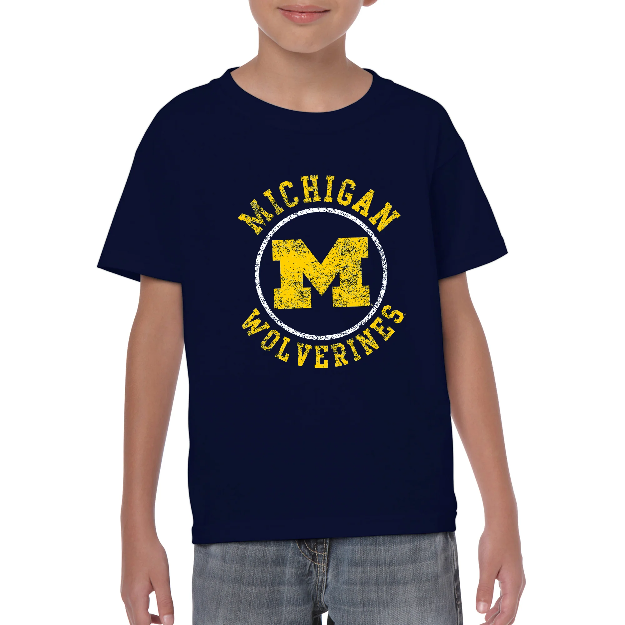 Michigan Distressed Circle Logo Youth T-Shirt - Navy - Image 3