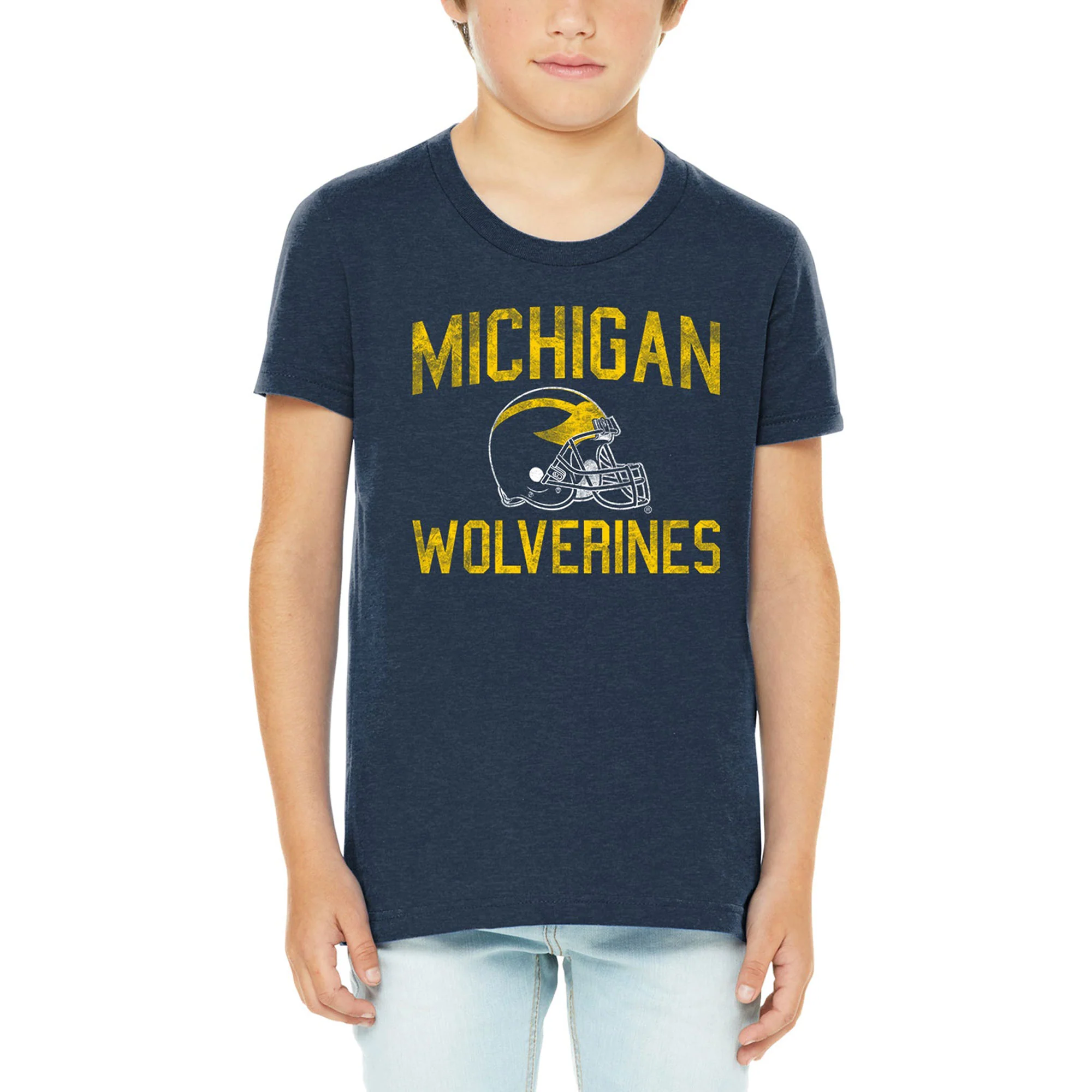 Michigan Faded Football Helmet CVC Jersey Youth T-Shirt - Heather Midnight Navy - Image 4
