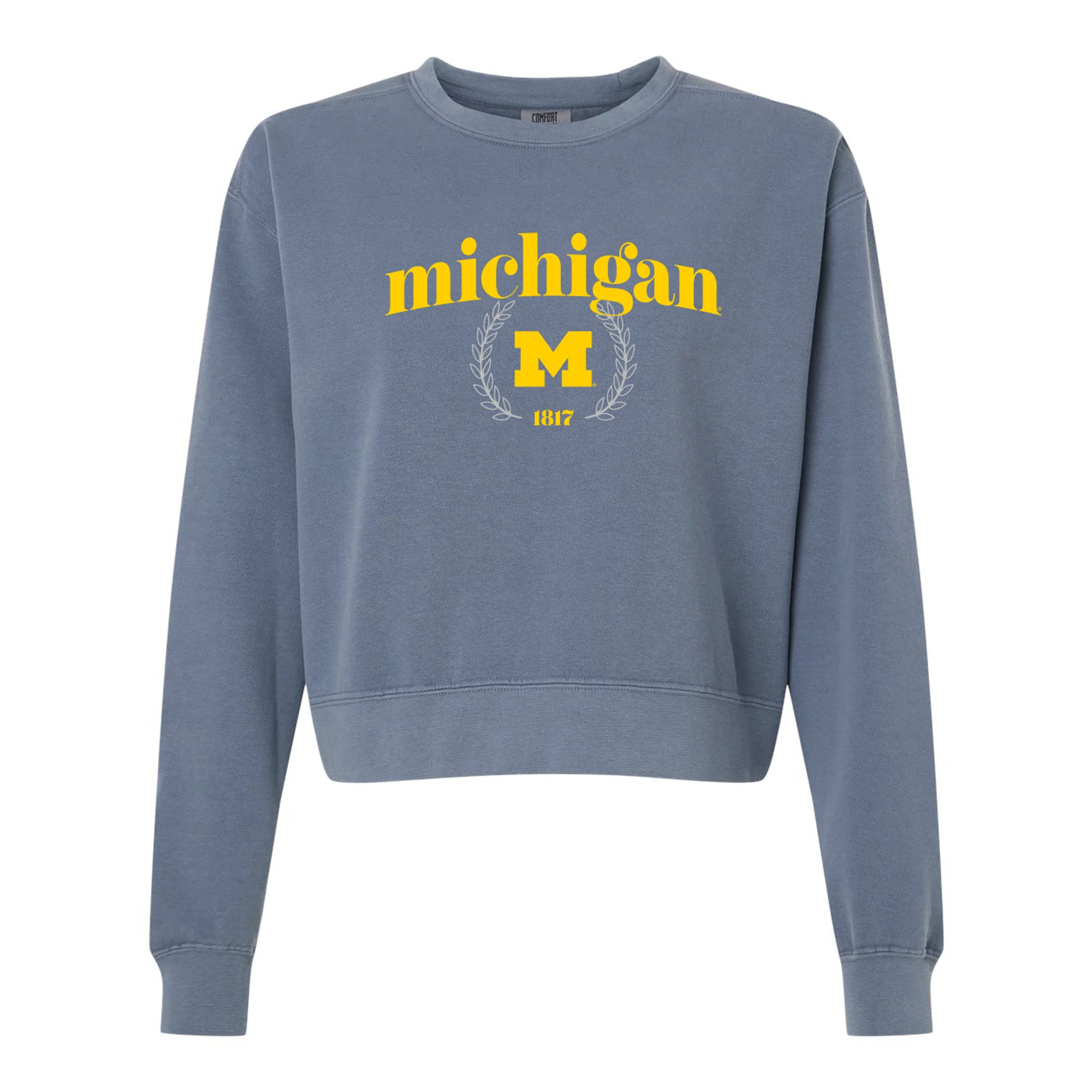 Michigan Graceful Laurel Womens Garment-Dyed Mid-Length Crewneck - Blue Jean