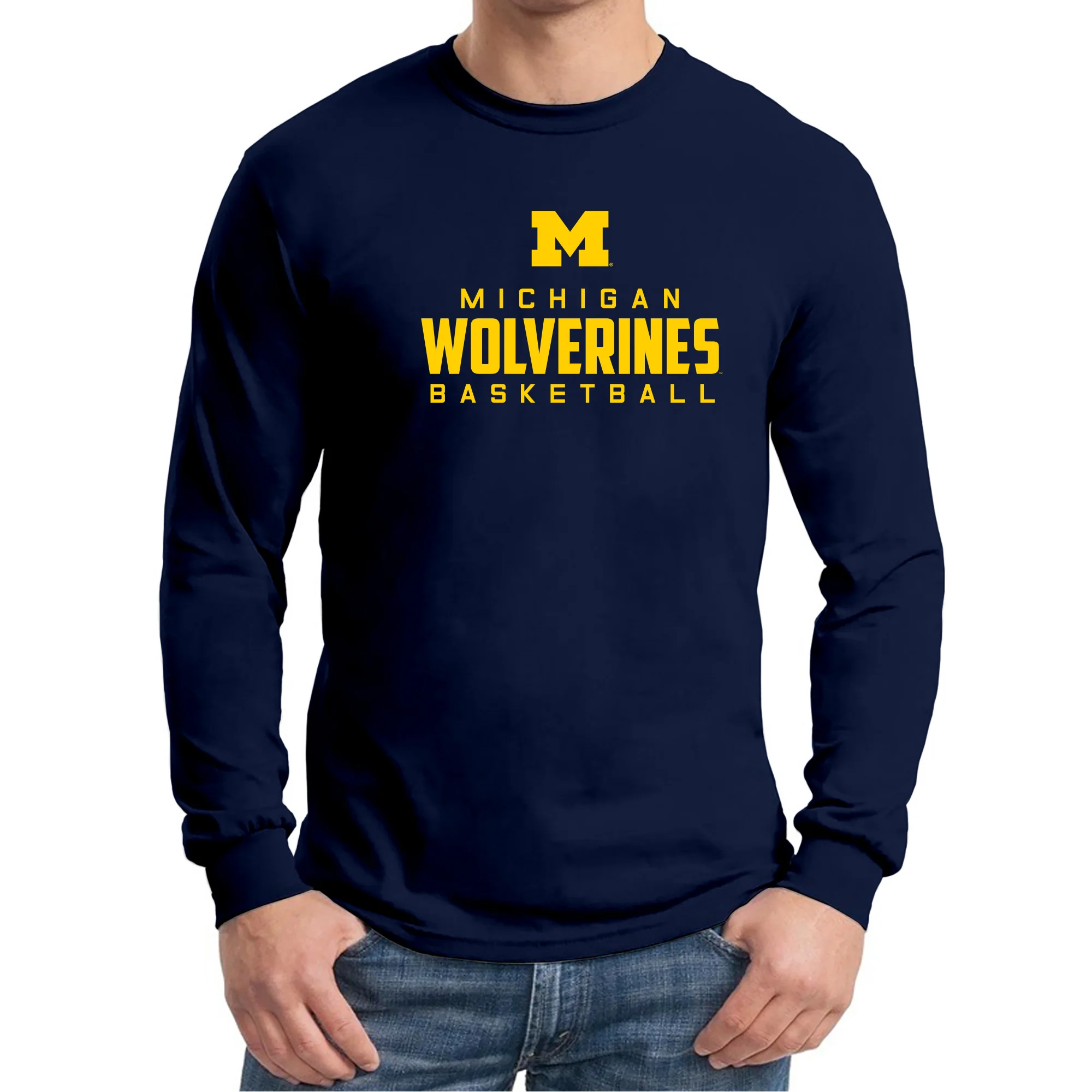 Michigan Mascot Wordmark Basketball Basic Cotton Long Sleeve T Shirt - Navy - Image 4