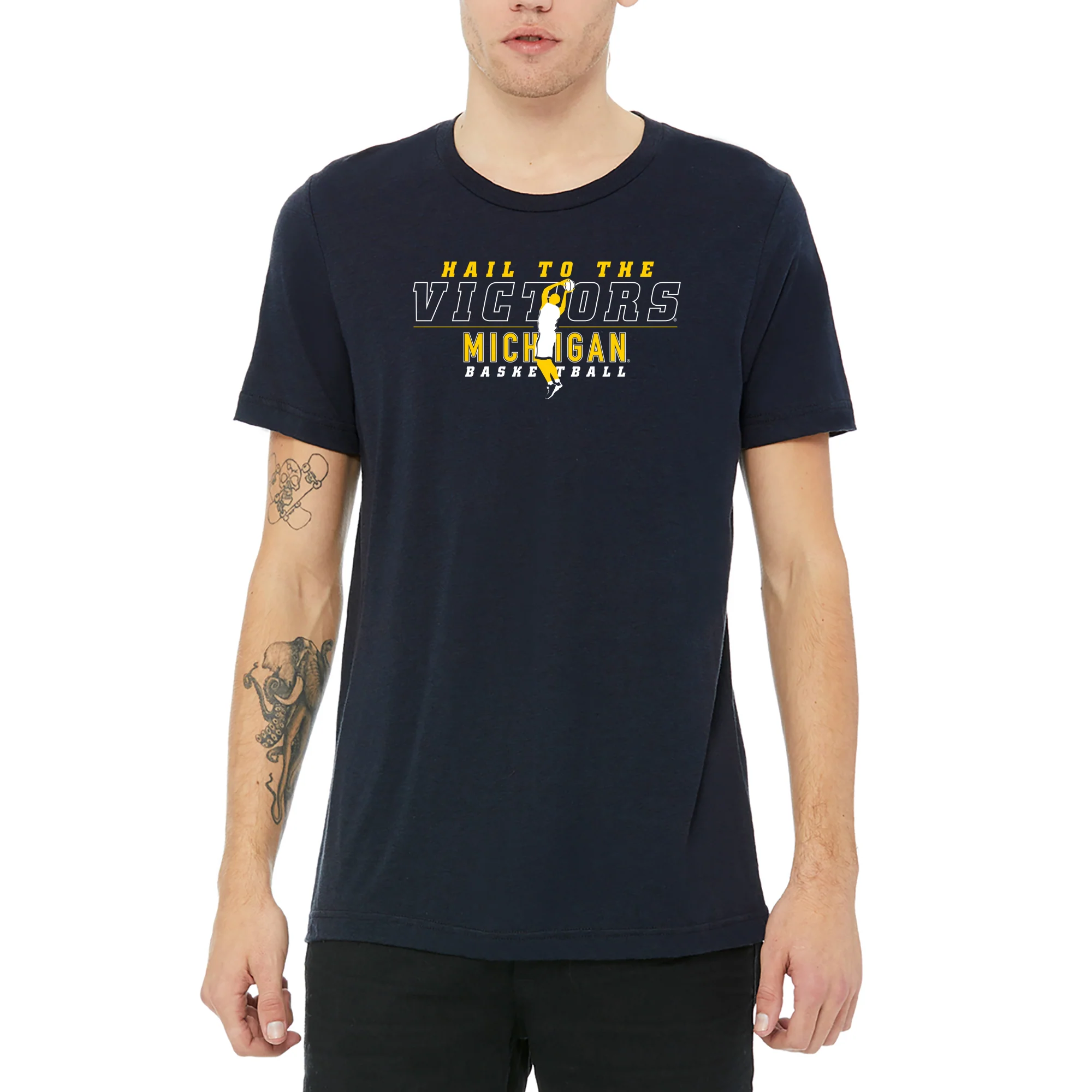 Michigan Men's Basketball Fight Song Silhouette Canvas Triblend T-Shirt - Solid Navy Triblend - Image 3
