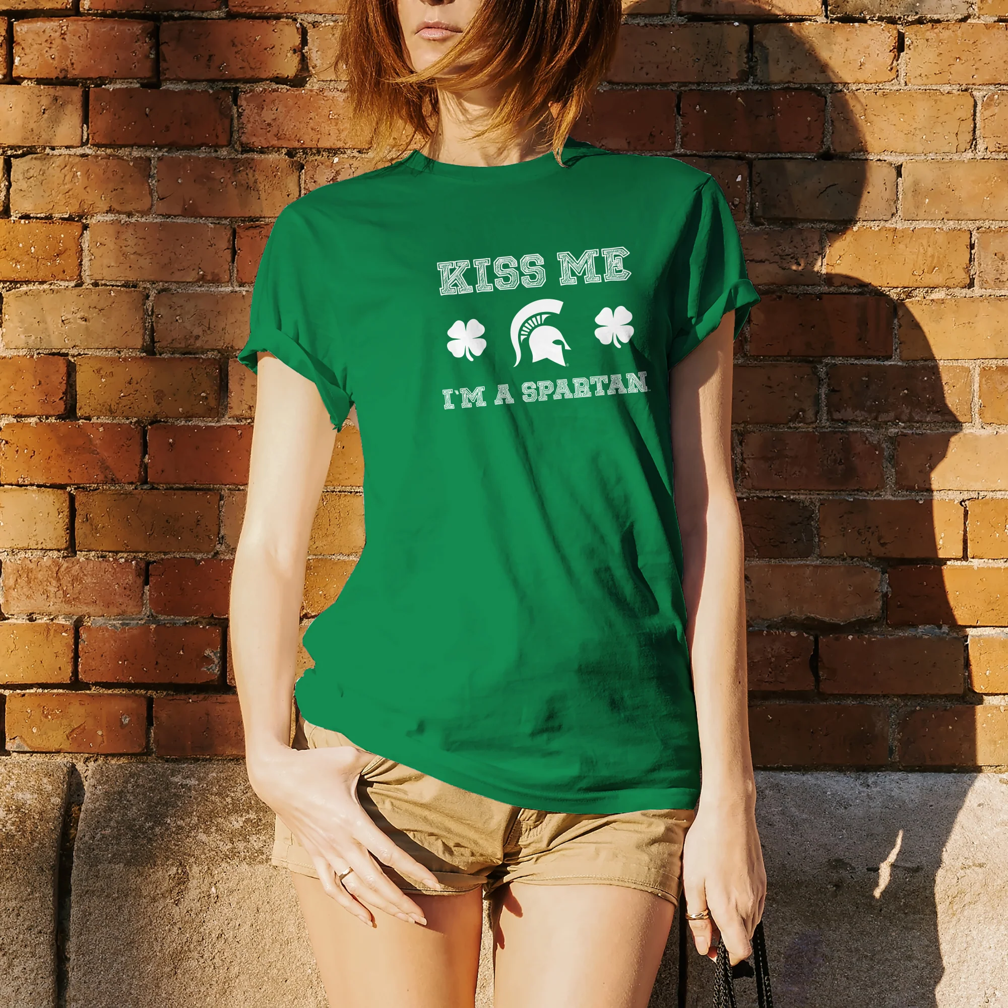 Michigan State University Spartans Kiss Me I'm a Spartan Basic Cotton Short Sleeve T Shirt - Irish Green - Image 4