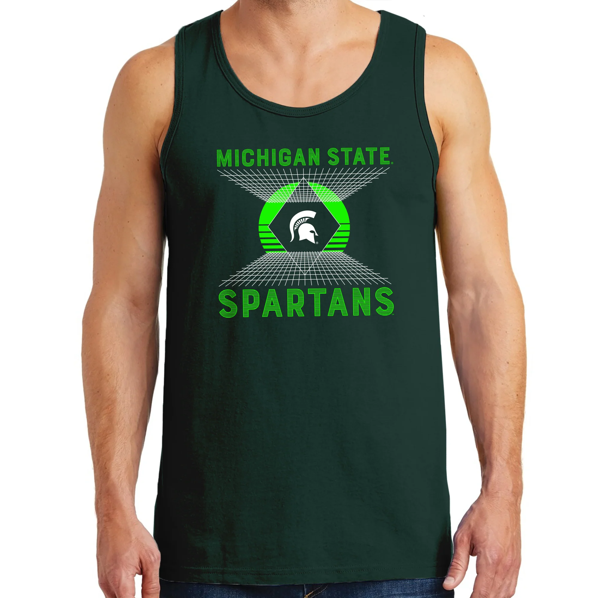 Michigan State Spartans Vaporwave Grid Tank Top - Forest - Image 3