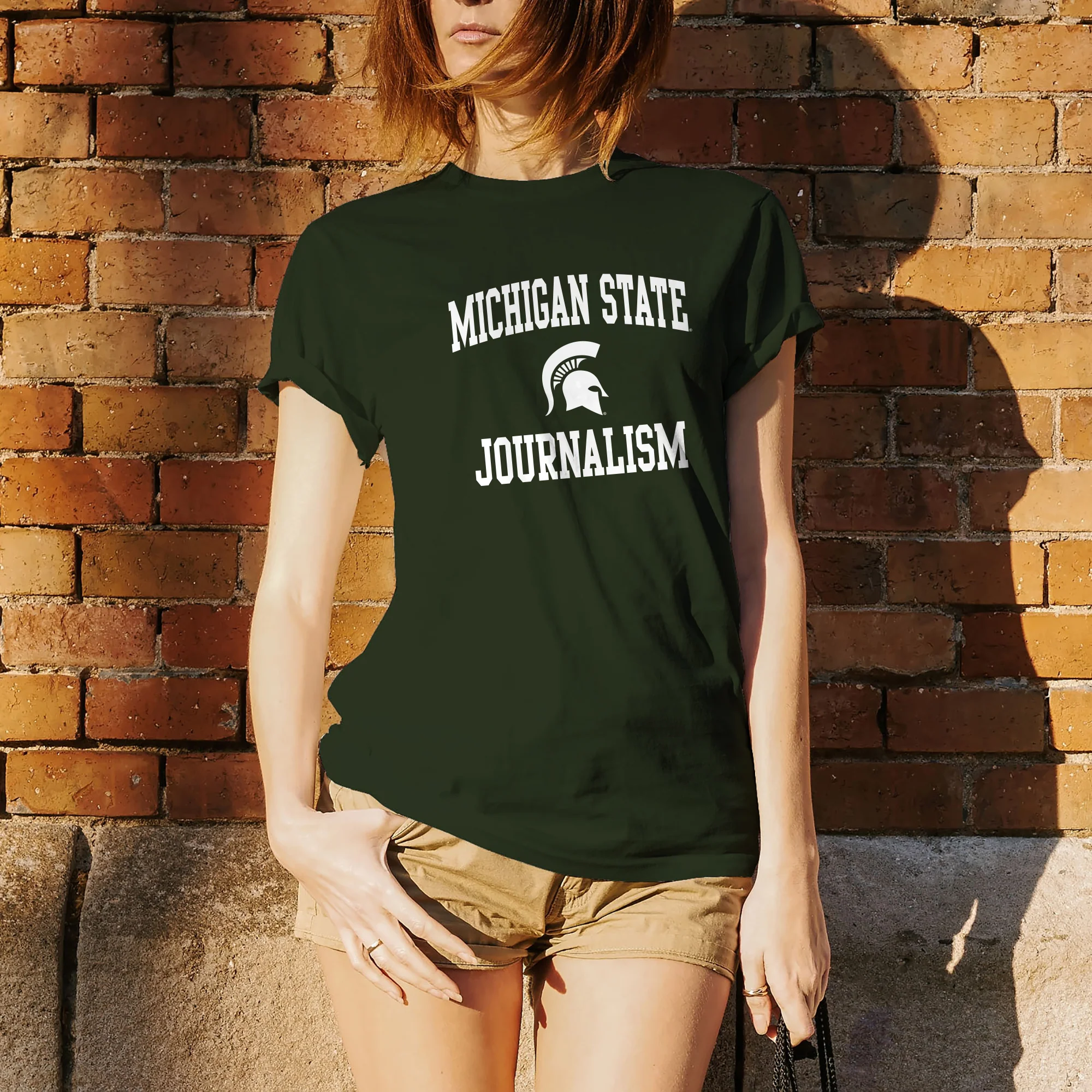 Michigan State University Spartans Arch Logo Journalism Short Sleeve T-Shirt - Forest - Image 4