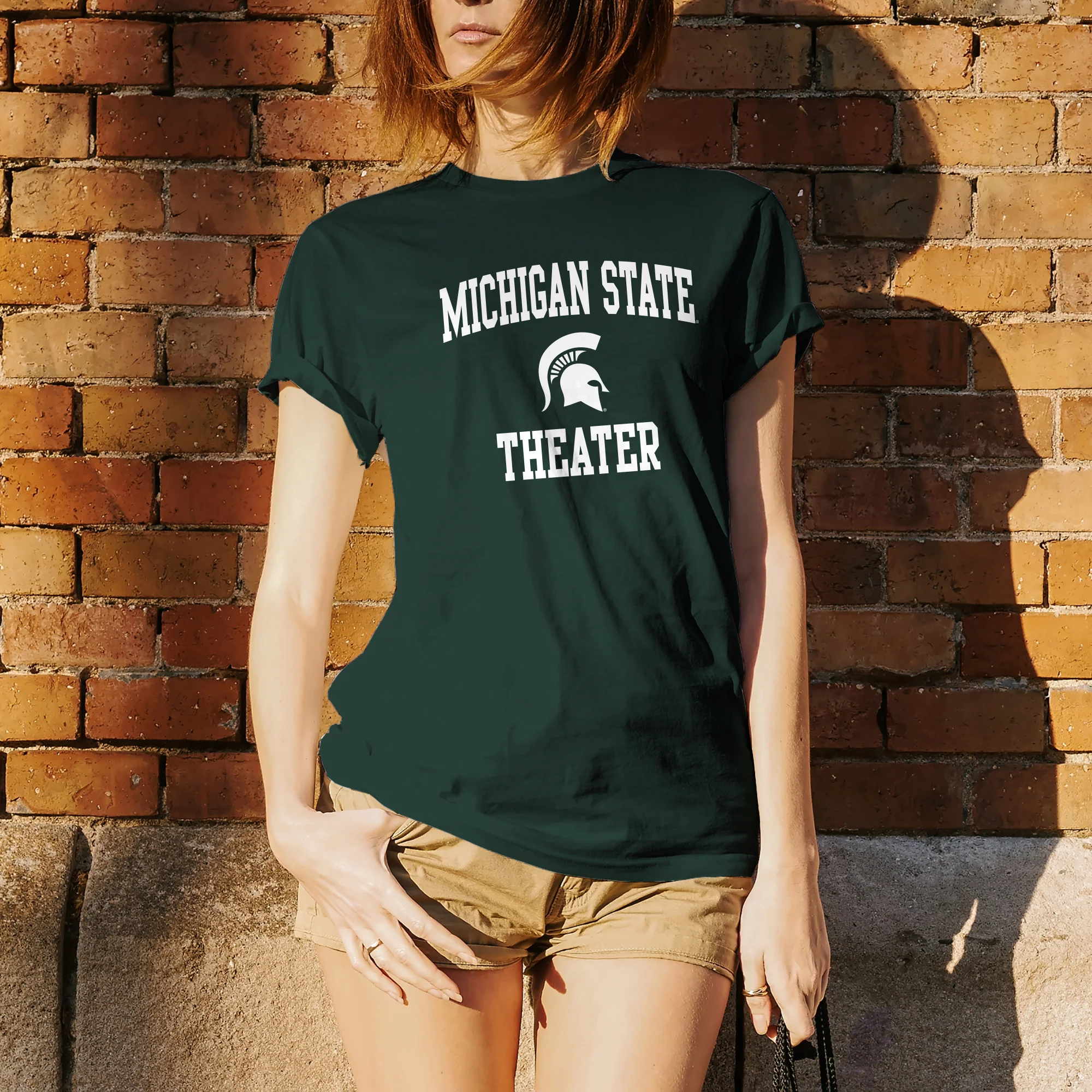 Michigan State University Spartans Arch Logo Theater Short Sleeve T-Shirt - Forest - Image 4
