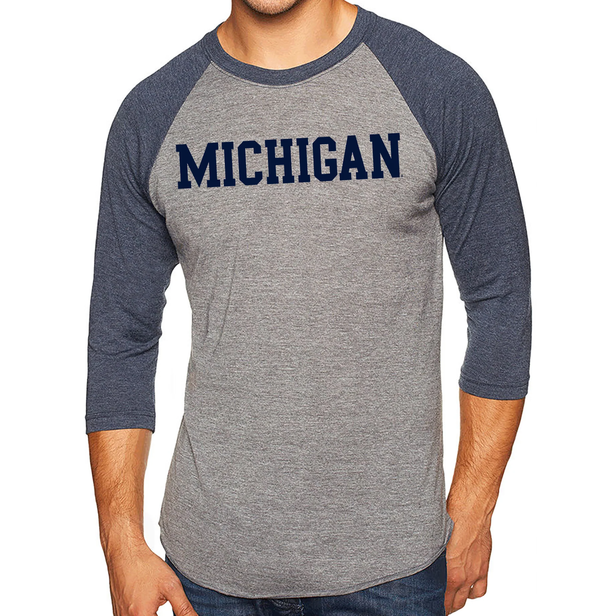 Michigan Wolverines Basic Block 3/4-Sleeve Raglan - Prem Htr/Vtg Navy - Image 3