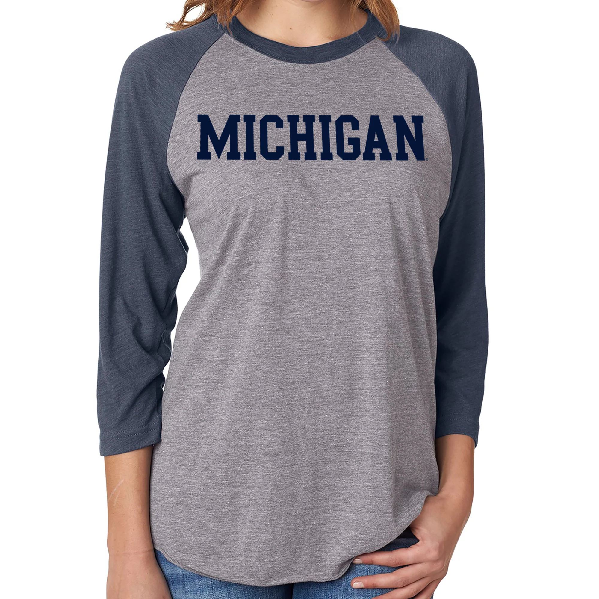 Michigan Wolverines Basic Block 3/4-Sleeve Raglan - Prem Htr/Vtg Navy - Image 4