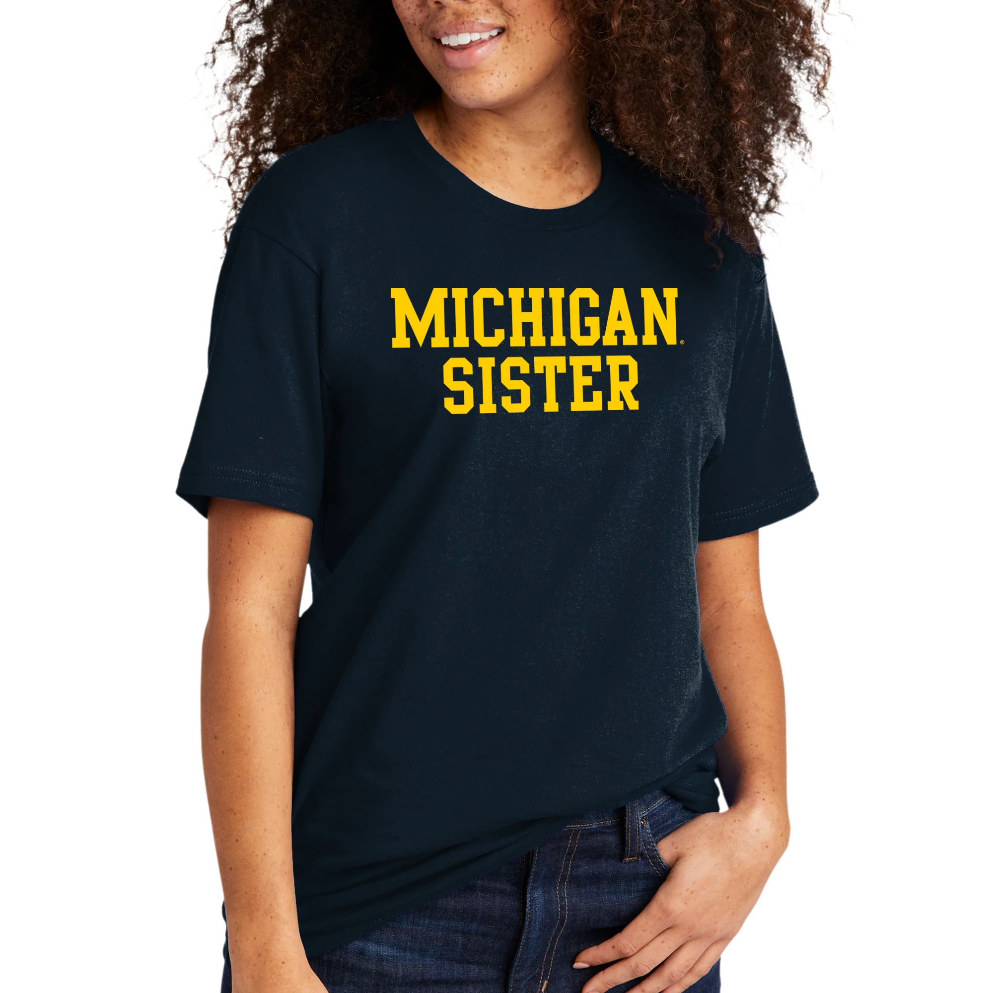 Michigan Wolverines Basic Block Sister Premium Cotton T Shirt - Midnight Navy - Image 3