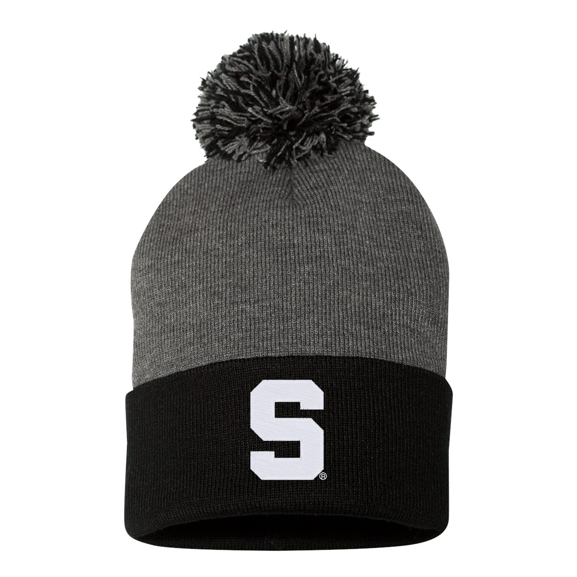 MSU Block S Logo Knit Pom Pom Beanie - Dark Heather Grey / Black
