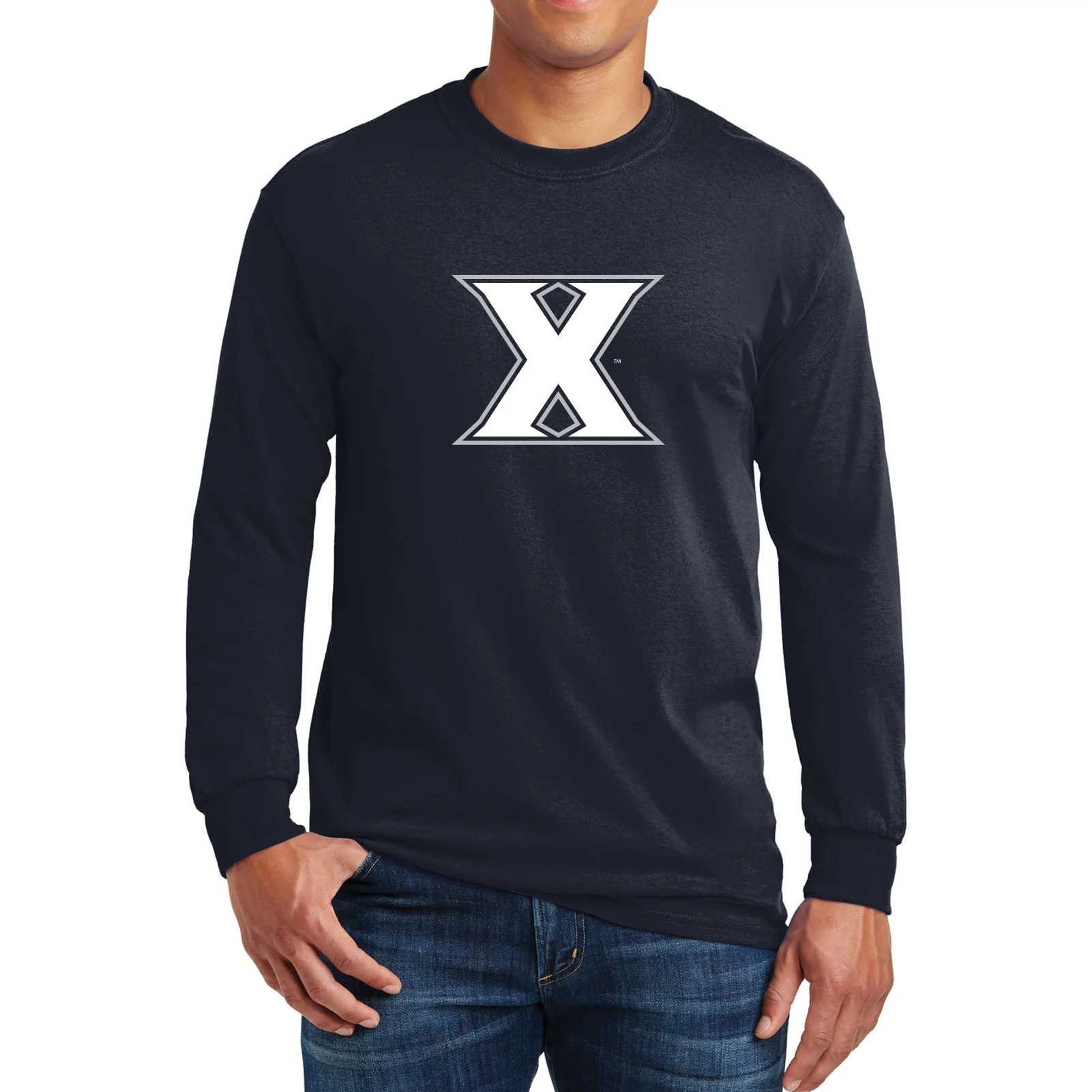 Xavier University Musketeers Primary Logo Long Sleeve T-Shirt - Navy - Image 4
