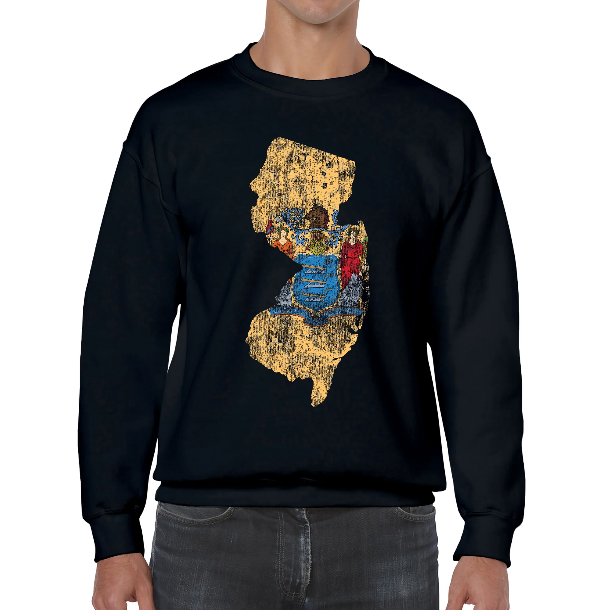New Jersey Distressed State Flag Outline Crewneck Sweatshirt - Black - Image 3