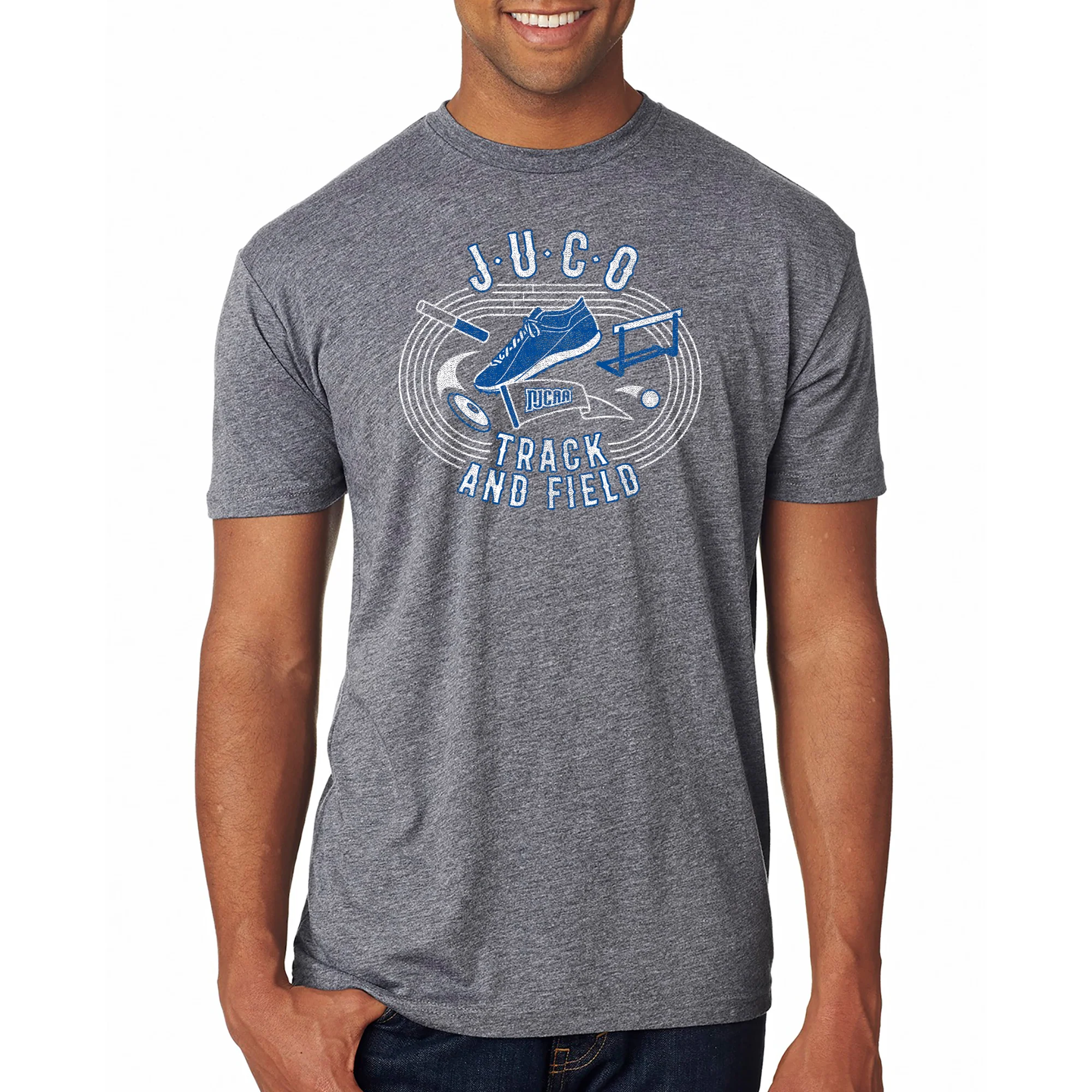 NJCAA JUCO Track and Field Emblem - Junior College Athletics Triblend T Shirt - Premium Heather - Image 3