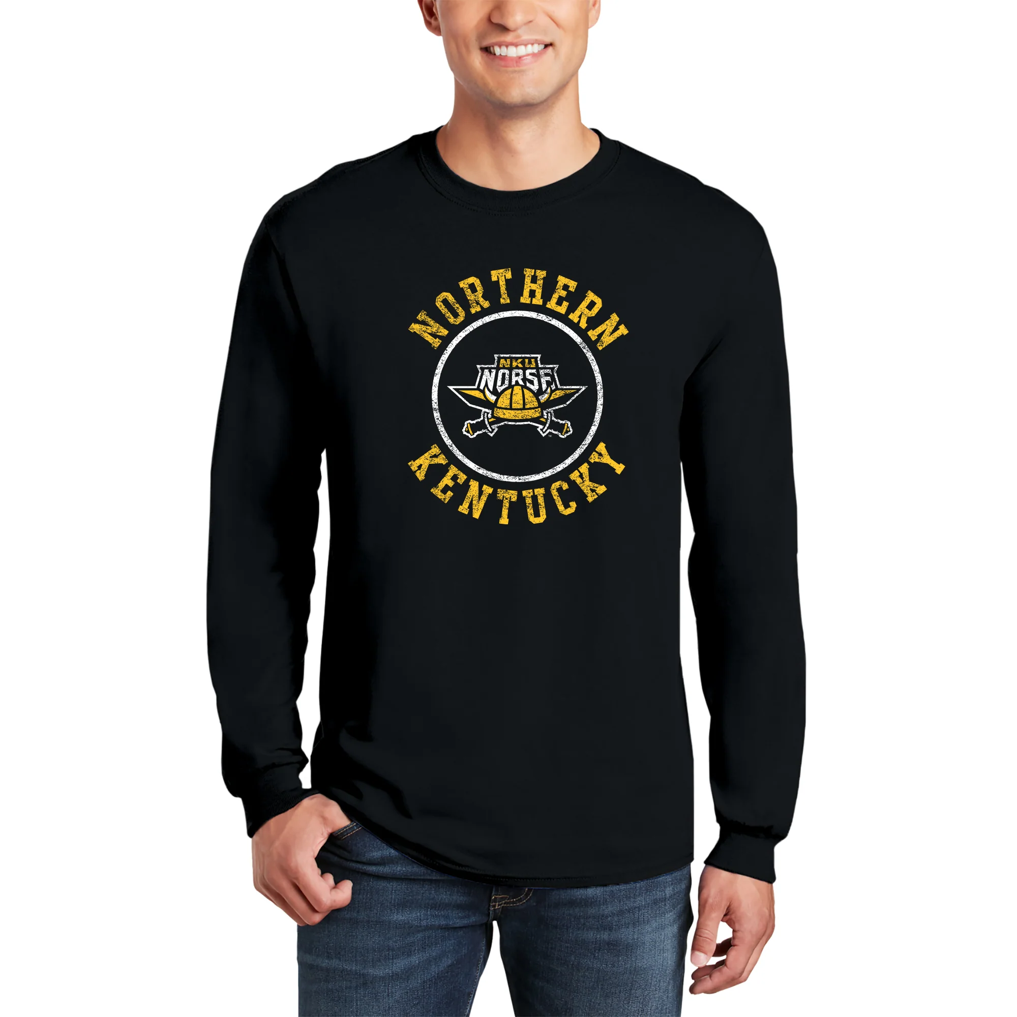 Northern Kentucky University Norse Distressed Circle Logo Long Sleeve T Shirt - Black - Image 3