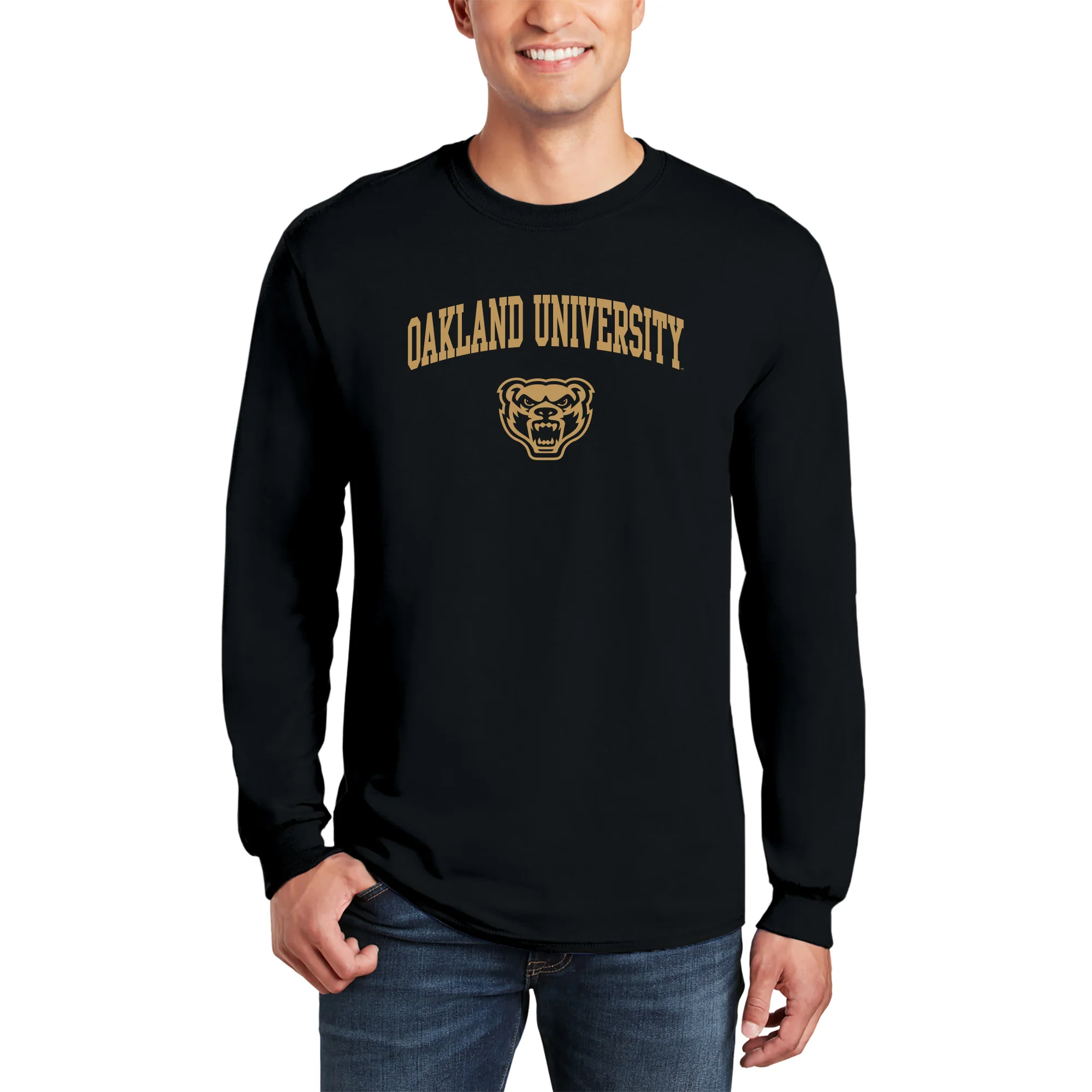 Oakland University Golden Grizzlies Arch Logo Long Sleeve T Shirt - Black - Image 3
