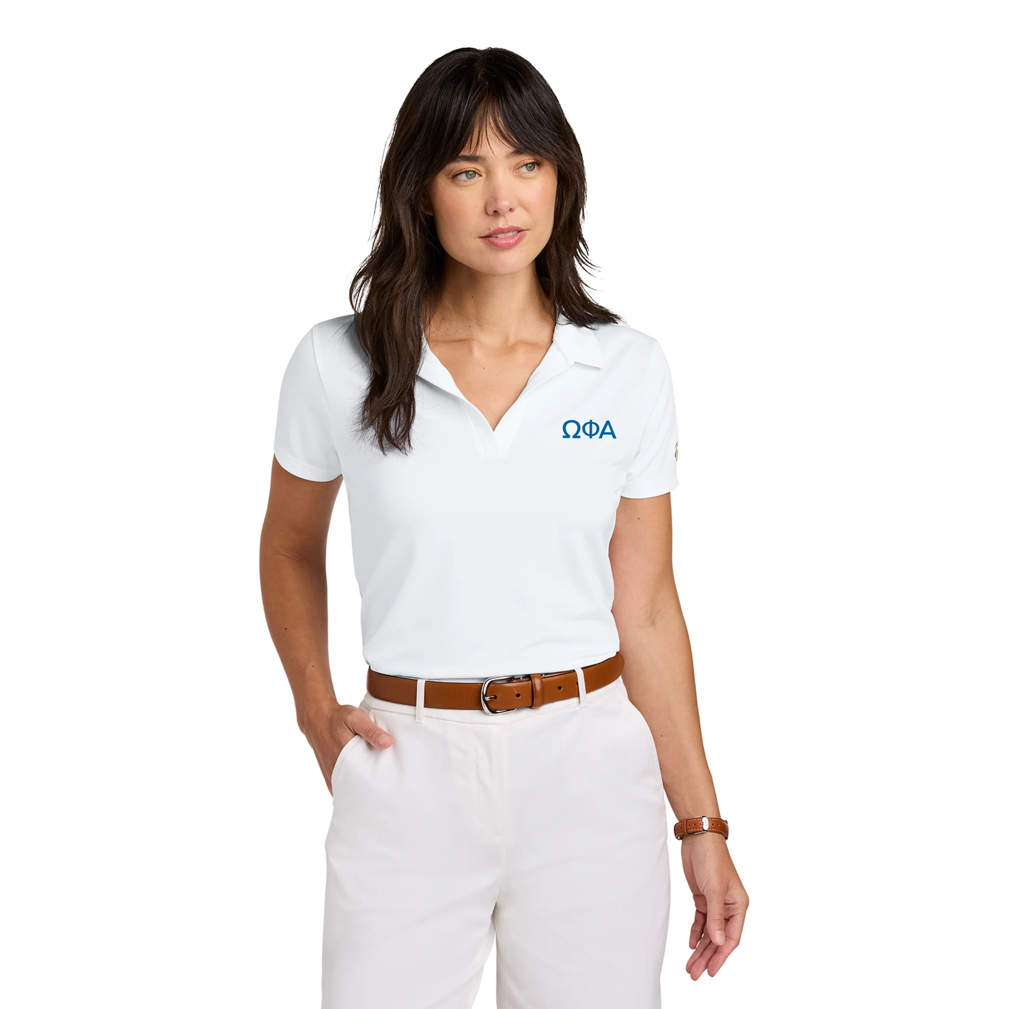 Omega Phi Alpha Greek Letter Block LC Brooks Brothers Women’s Mesh Pique Performance Polo - White - Image 3