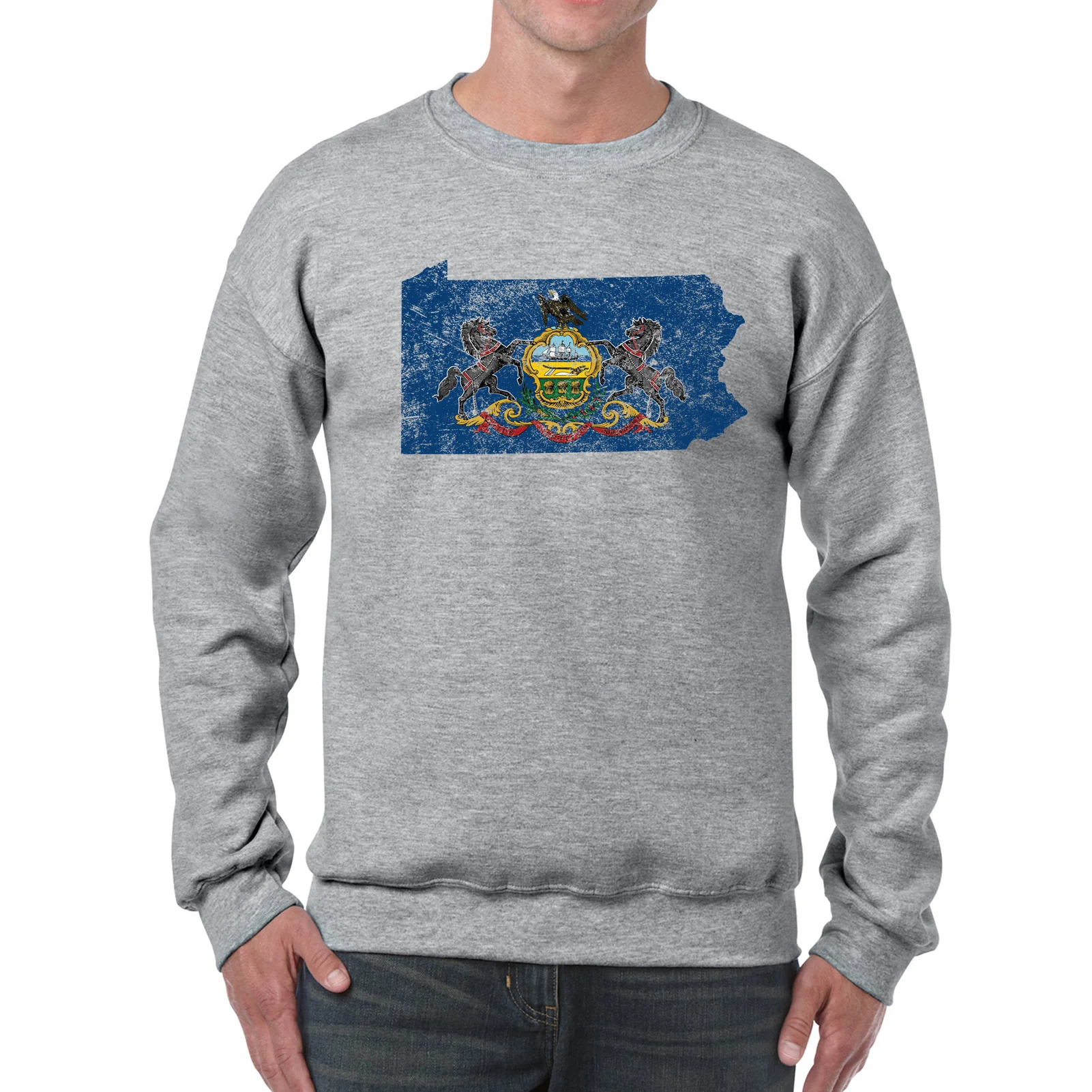 Pennsylvania Distressed State Flag Outline Crewneck Sweatshirt - Sport Grey - Image 3