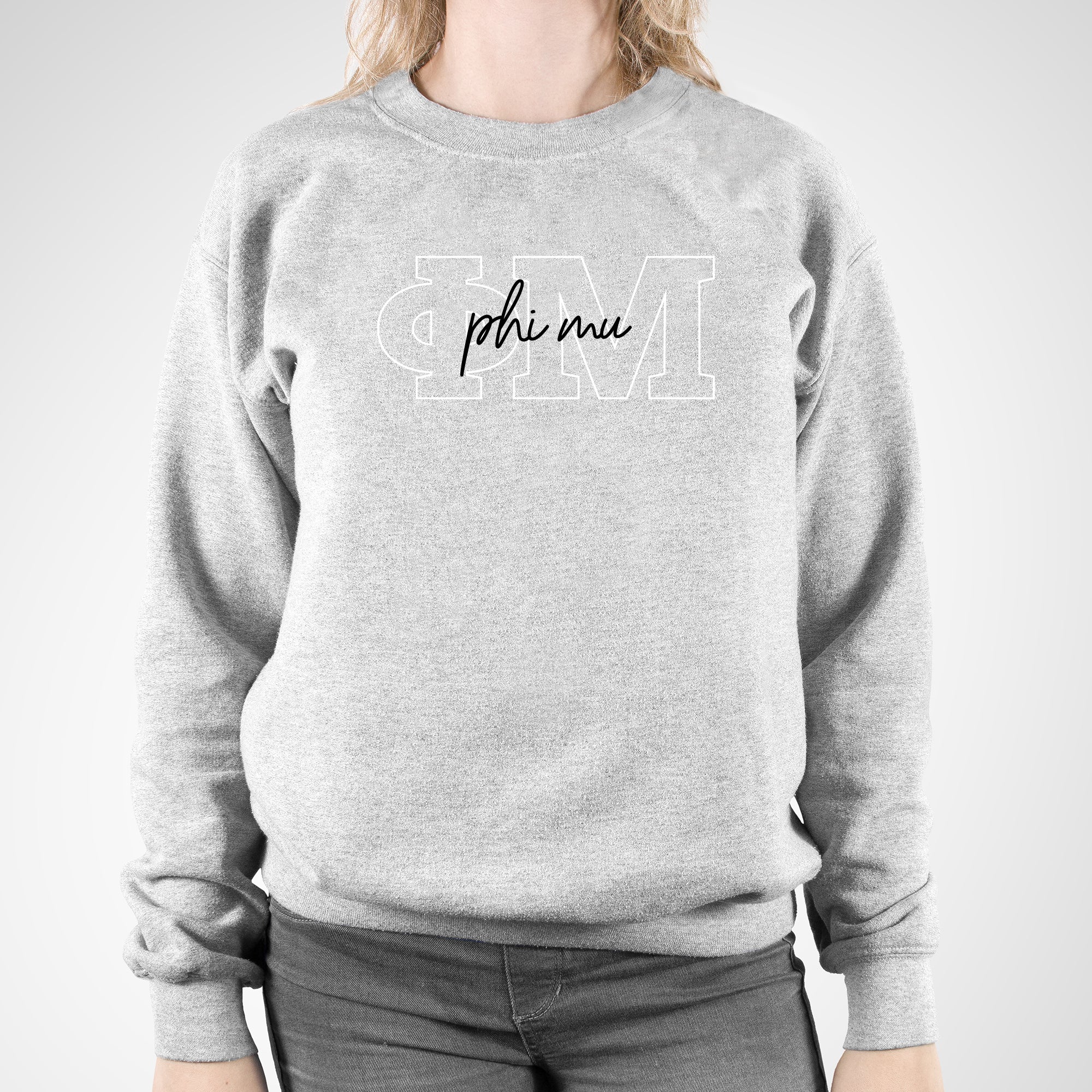 Phi Mu Greek Outline Overlay Crewneck Sweatshirt - Sport Grey - Image 3