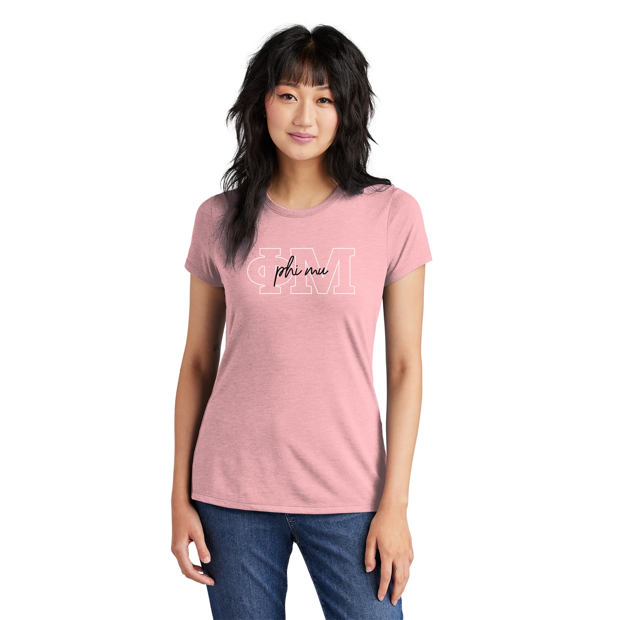 Phi Mu Greek Outline Overlay Womens Triblend T-Shirt - Desert Pink - Image 3