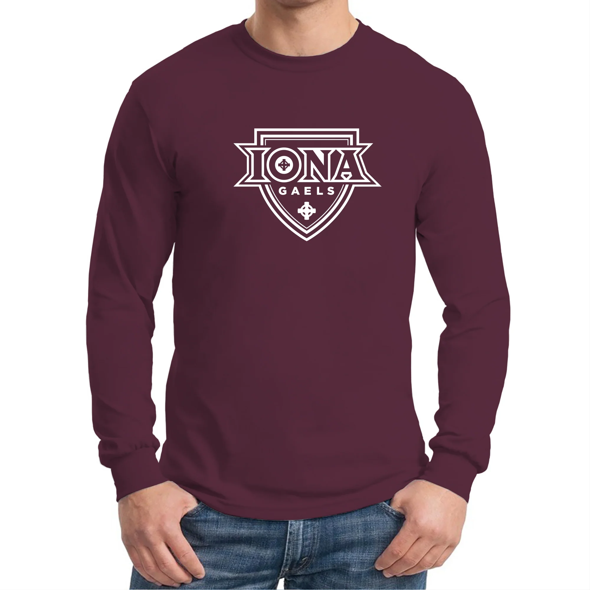 Iona University Gaels Primary Logo Basic Cotton Long Sleeve T Shirt - Maroon - Image 3