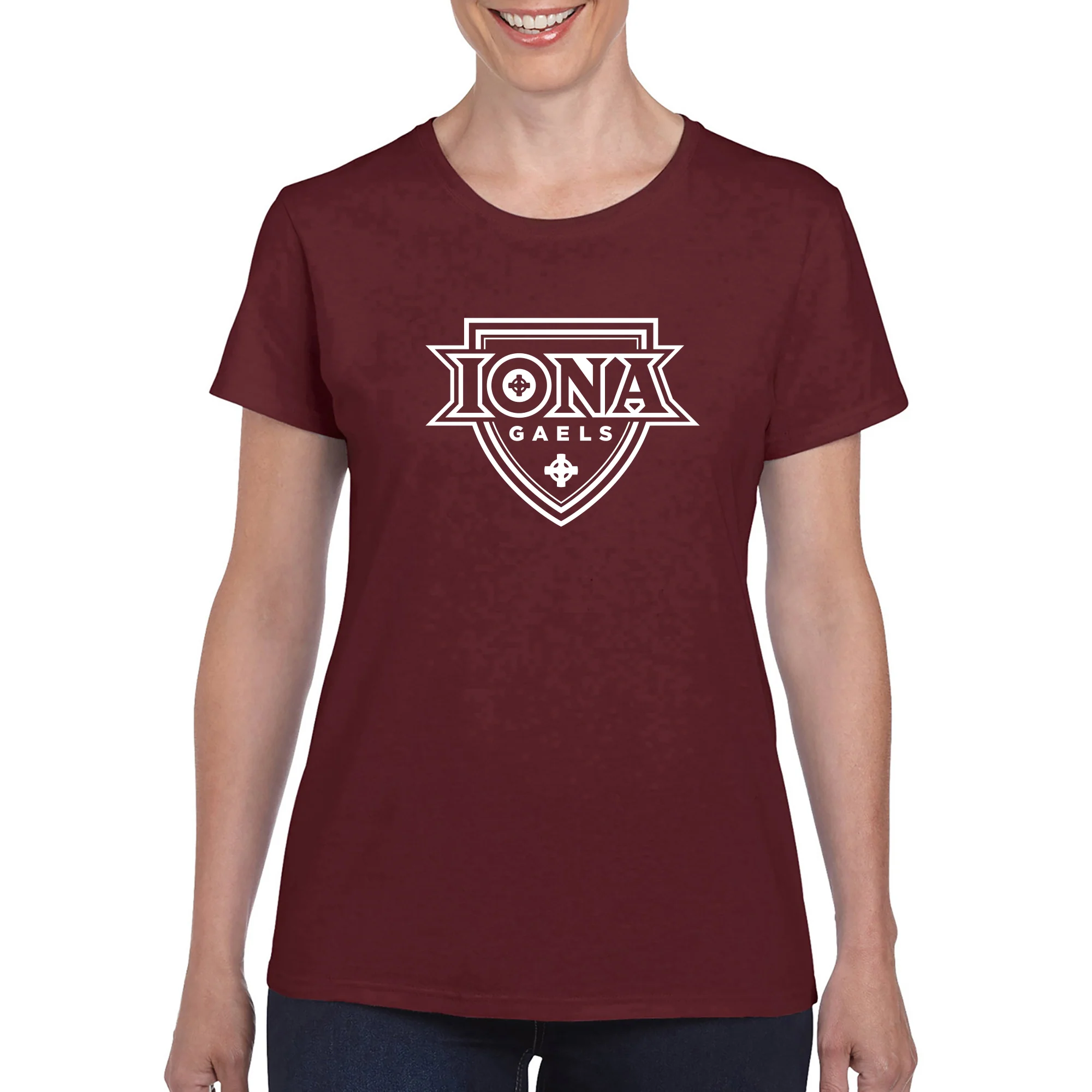 Iona University Gaels Primary Logo Basic Cotton Women's Short Sleeve T Shirt - Maroon - Image 3