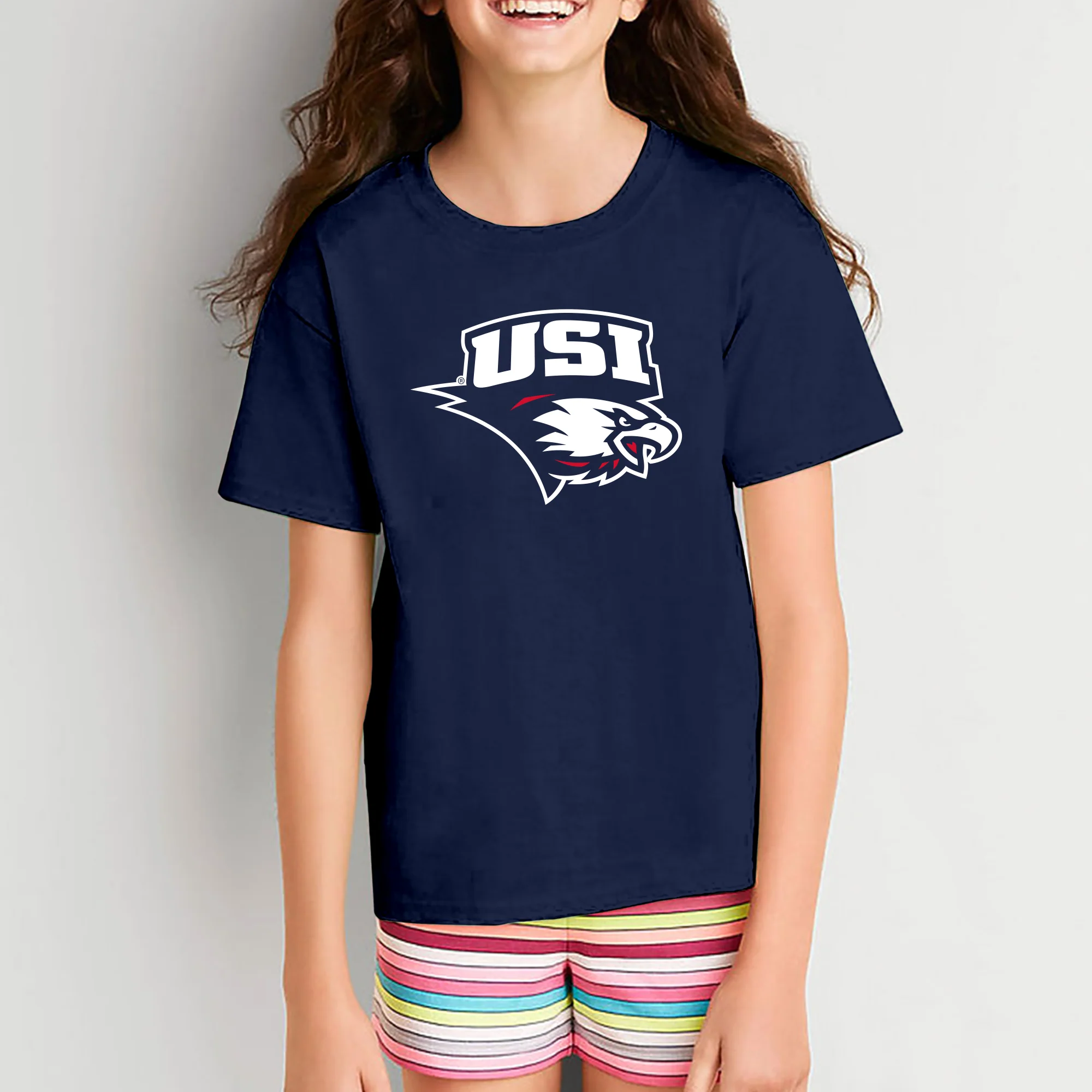 University of Southern Indiana Screaming Eagles Primary Logo Basic Cotton Short Sleeve Youth T Shirt - Navy - Image 4