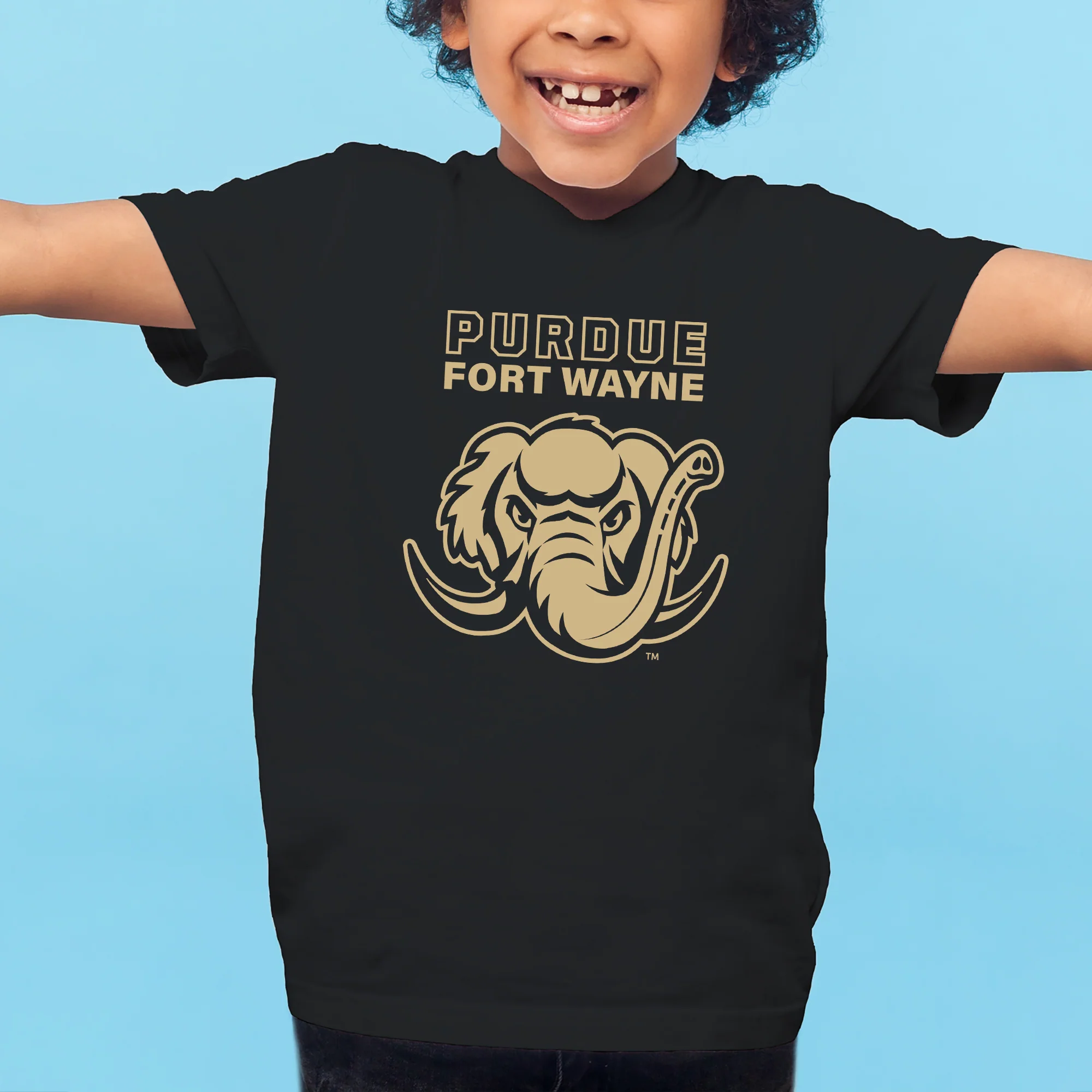 Purdue University Fort Wayne Mastodons Primary Logo Youth Short Sleeve T Shirt - Black - Image 3