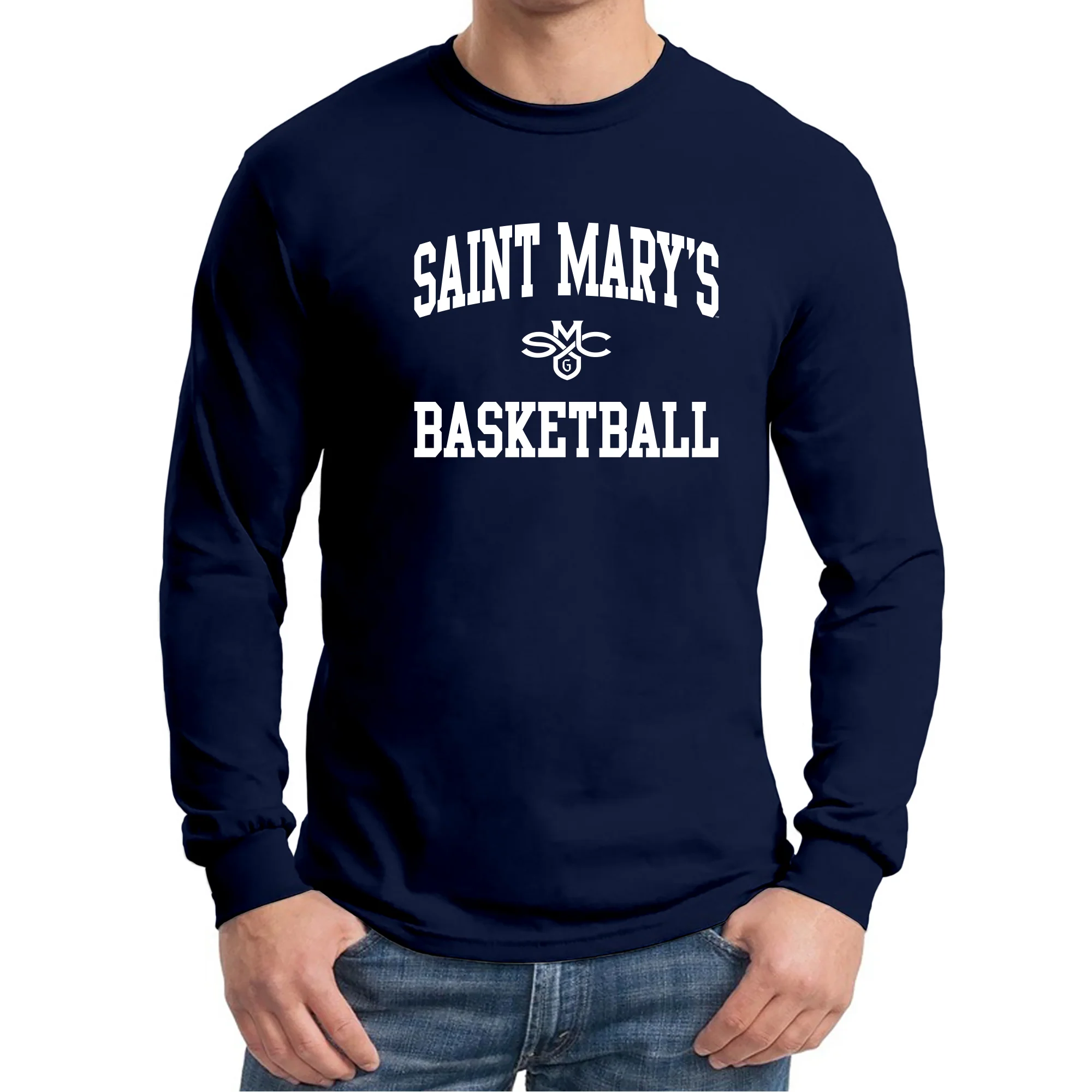 Saint Mary's College Gaels Arch Logo Basketball Long Sleeve T Shirt - Navy - Image 3