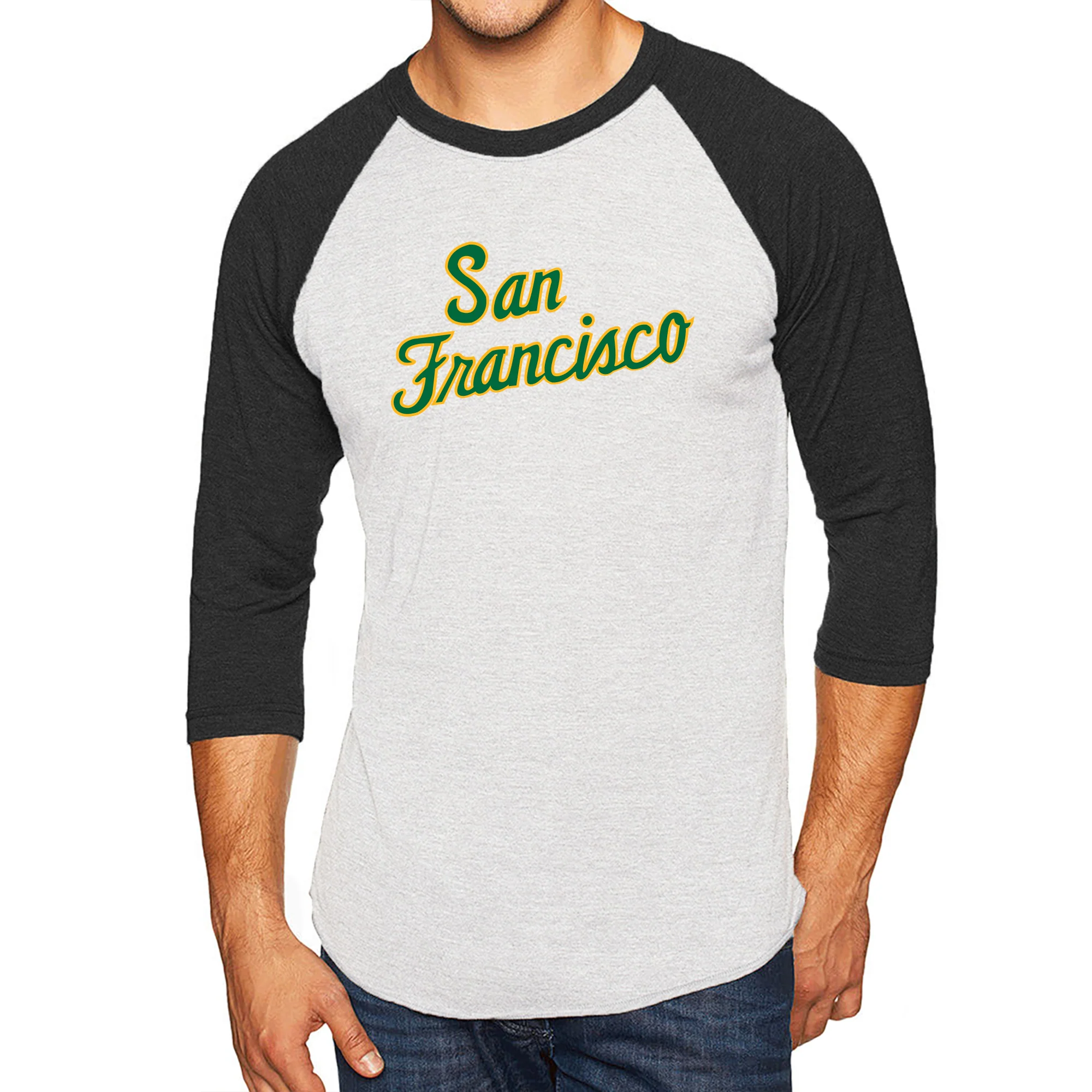 San Francisco Dons Script Logo NLA 3/4 Sleeve Raglan - Heather White / Vintage Black - Image 3