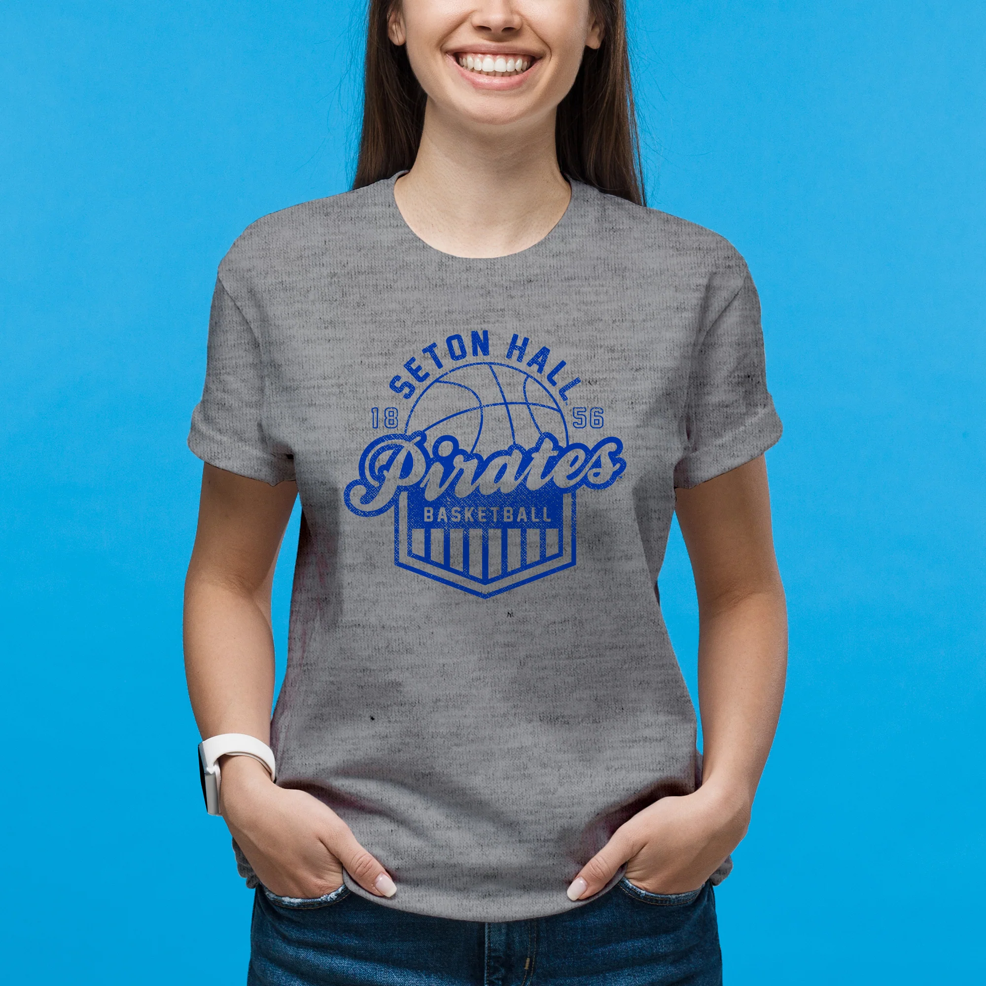 Seton Hall University Pirates Vintage Basketball Shield Short Sleeve T Shirt - Sport Grey - Image 4